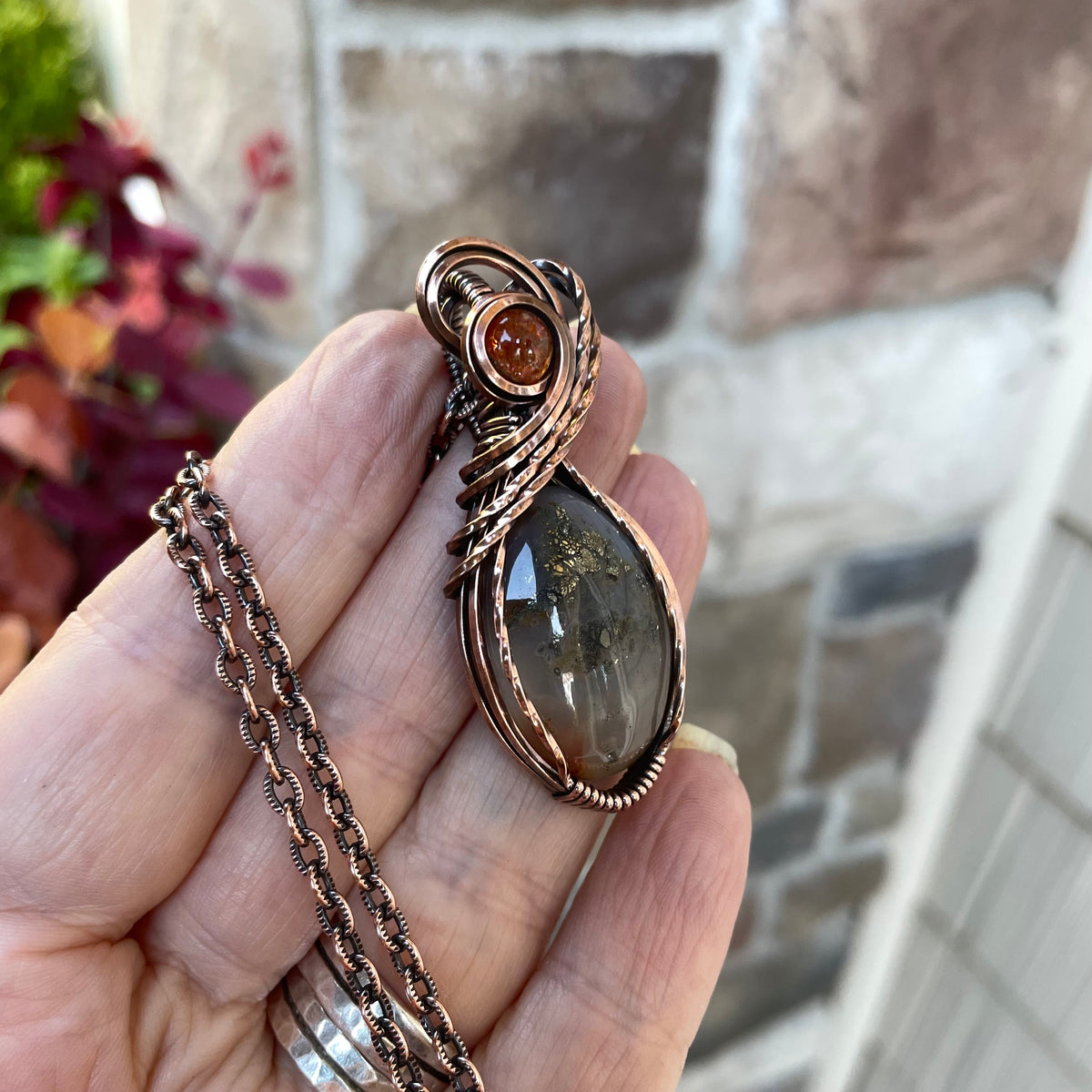 Graveyard Point Plume Agate & Sunstone Copper Necklace