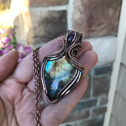 (RESERVED FOR SC) Rainbow Labradorite & Amethyst Copper Pendant with Woven Bail