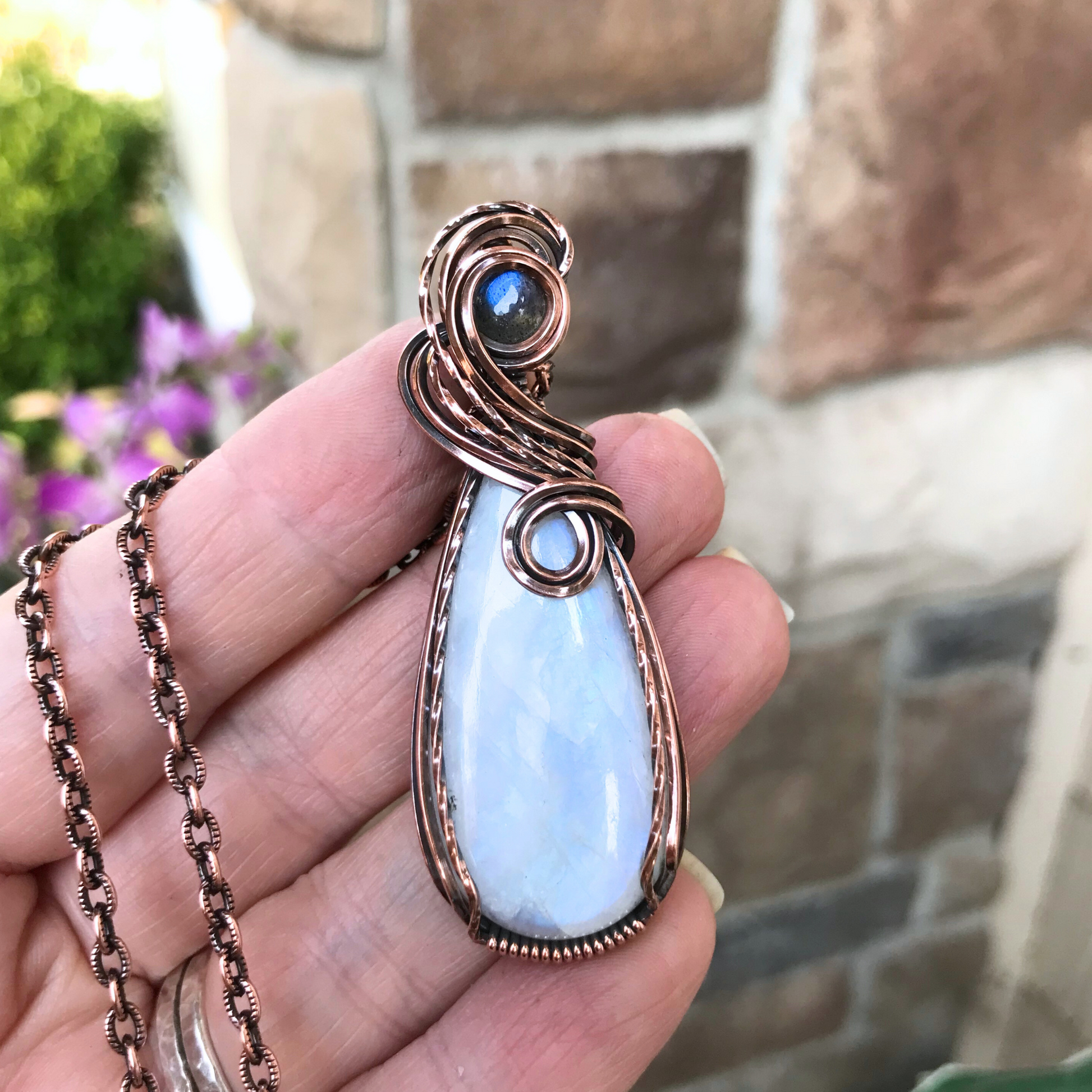 Rainbow Moonstone & Labradorite Copper Pendant