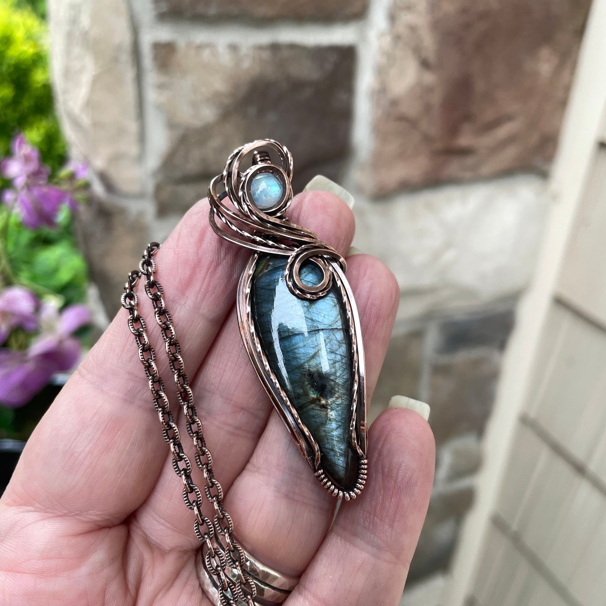 Slate Blue Slender Labradorite & Moonstone Copper Pendant