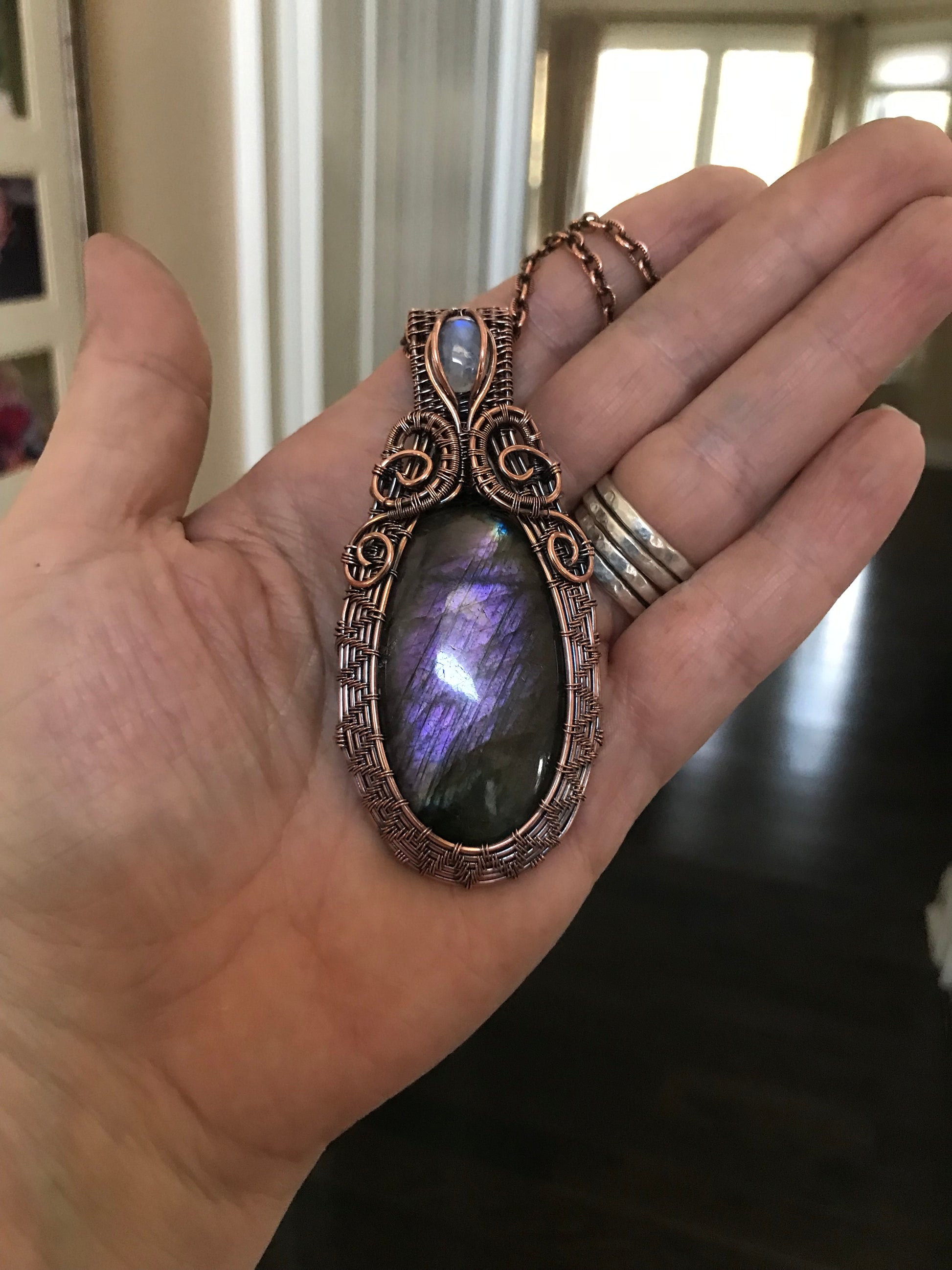 Purple Labradorite & Moonstone Oval Woven Copper Pendant