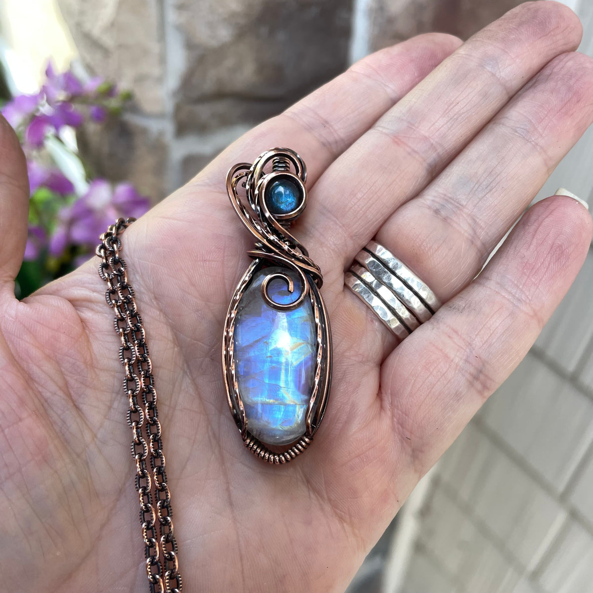 Moonstone & Blue Labradorite Swirly Copper Pendant