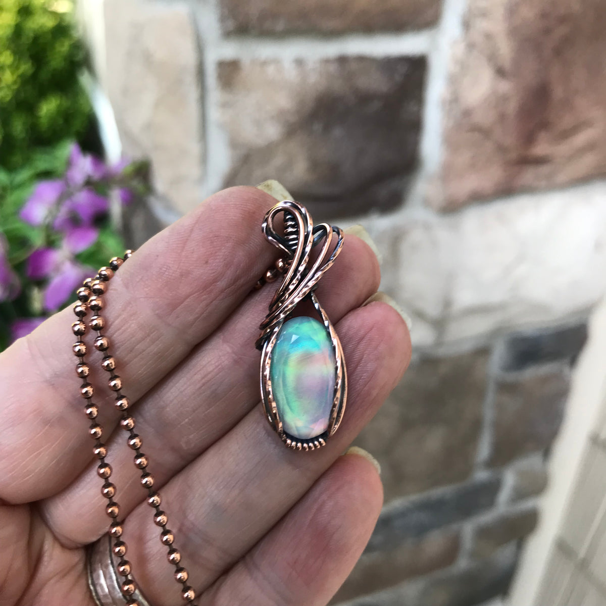 Aurora Opal Green Pink Copper Necklace