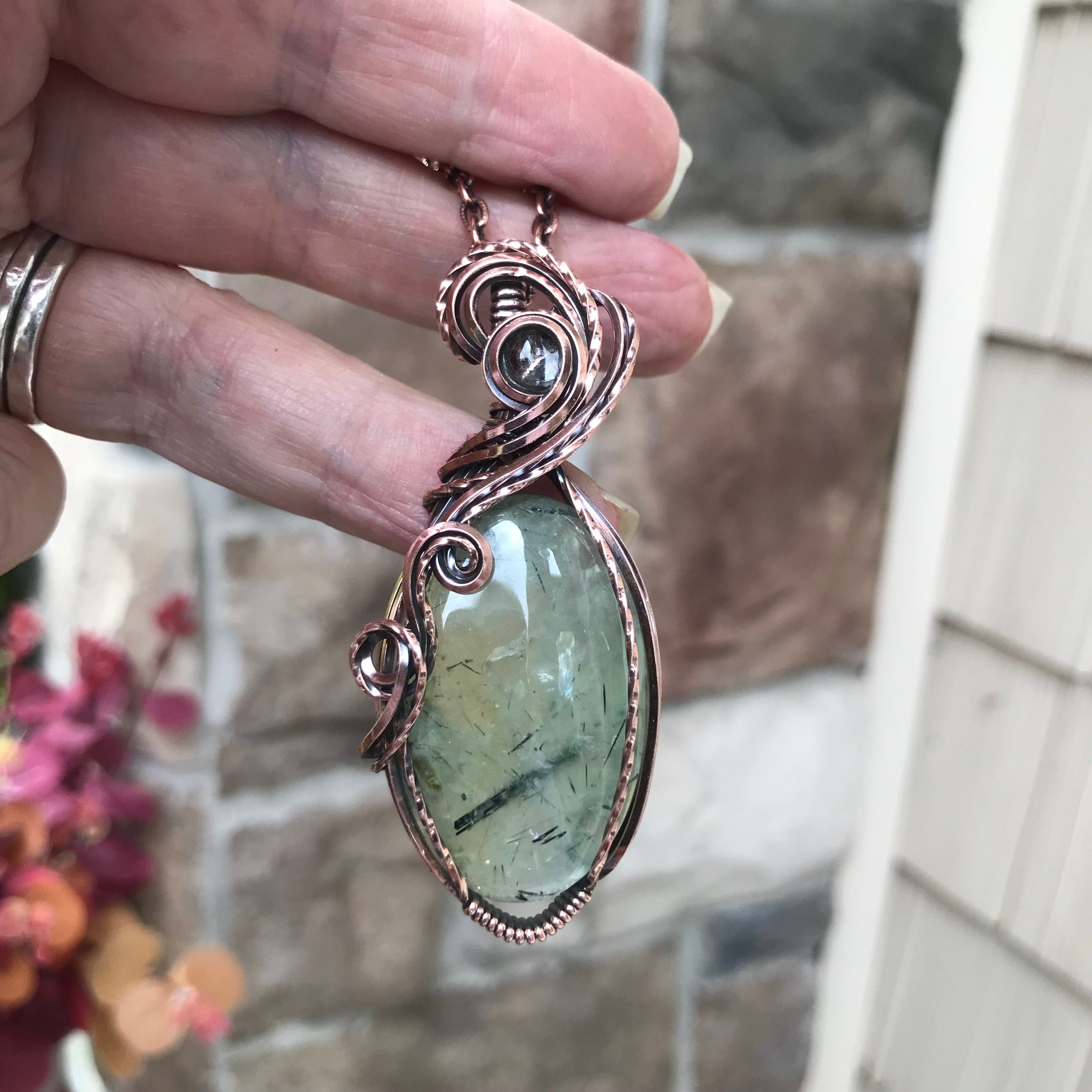 Prehnite & Prasiolite Swirly Copper Pendant