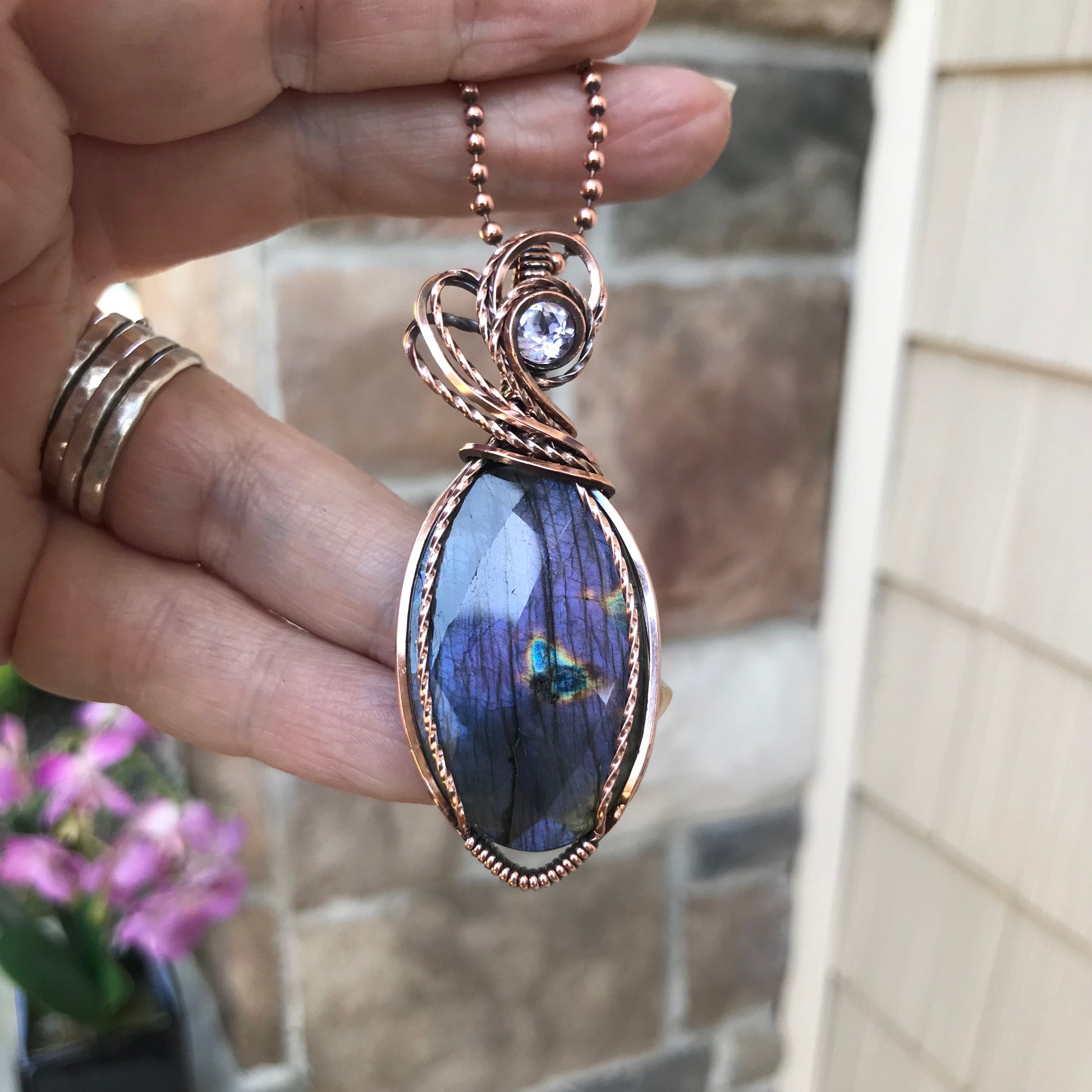 Faceted Purple Oval Labradorite & Pink Amethyst Copper Pendant