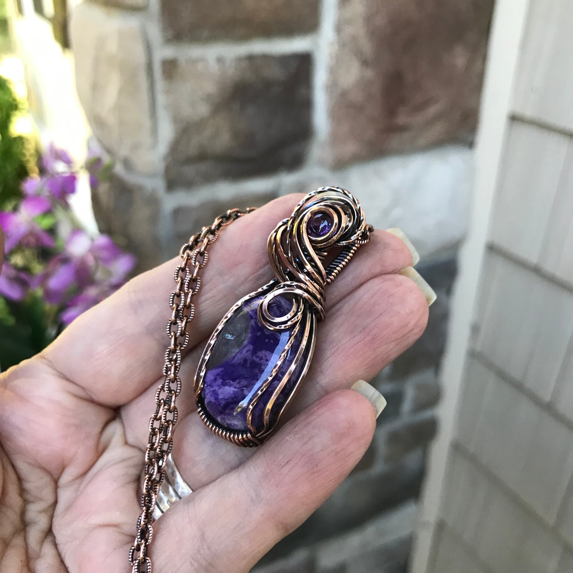 Charoite & Amethyst Oval Copper Pendant