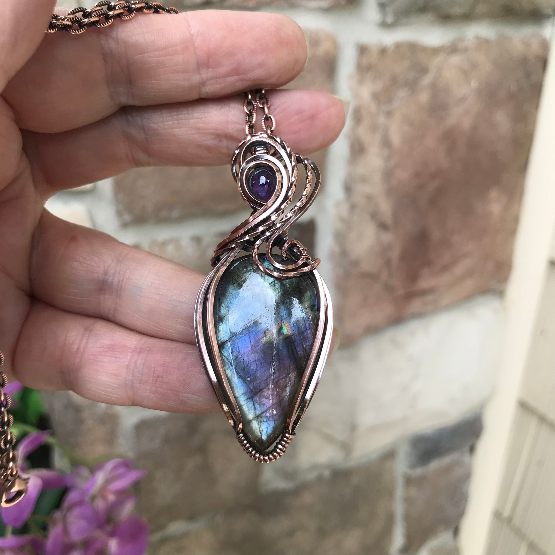 Blue Purple Labradorite & Amethyst Large Copper Pendant