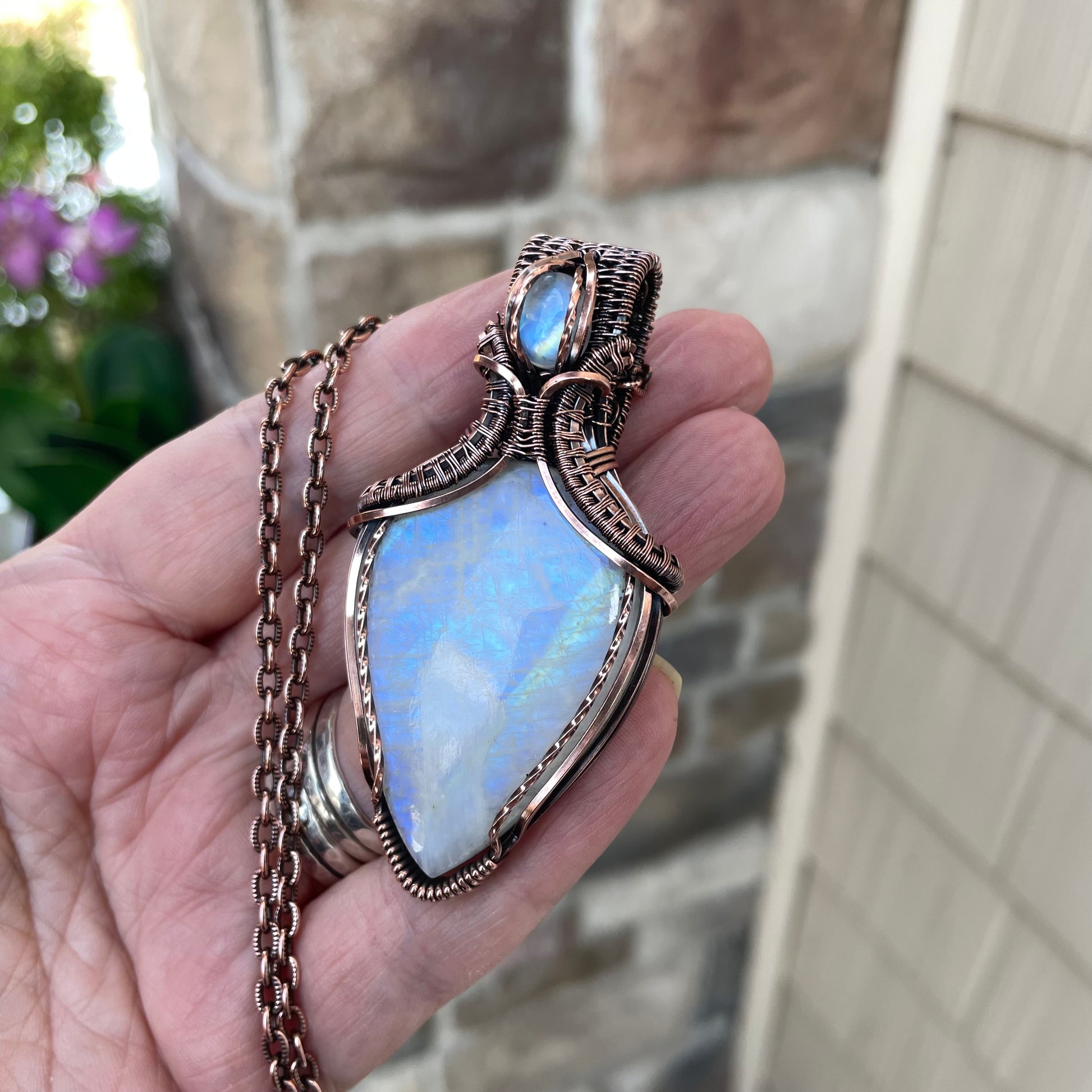 Moonstone Copper Pendant with Weaving