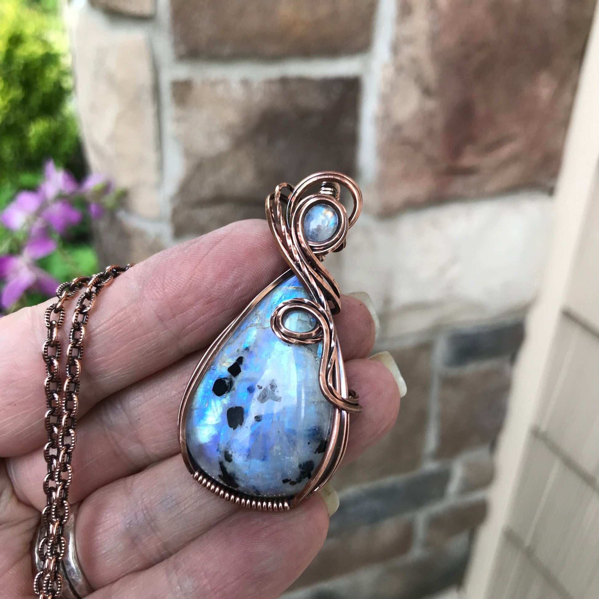 Moonstone with Black Tourmaline Copper Pendant