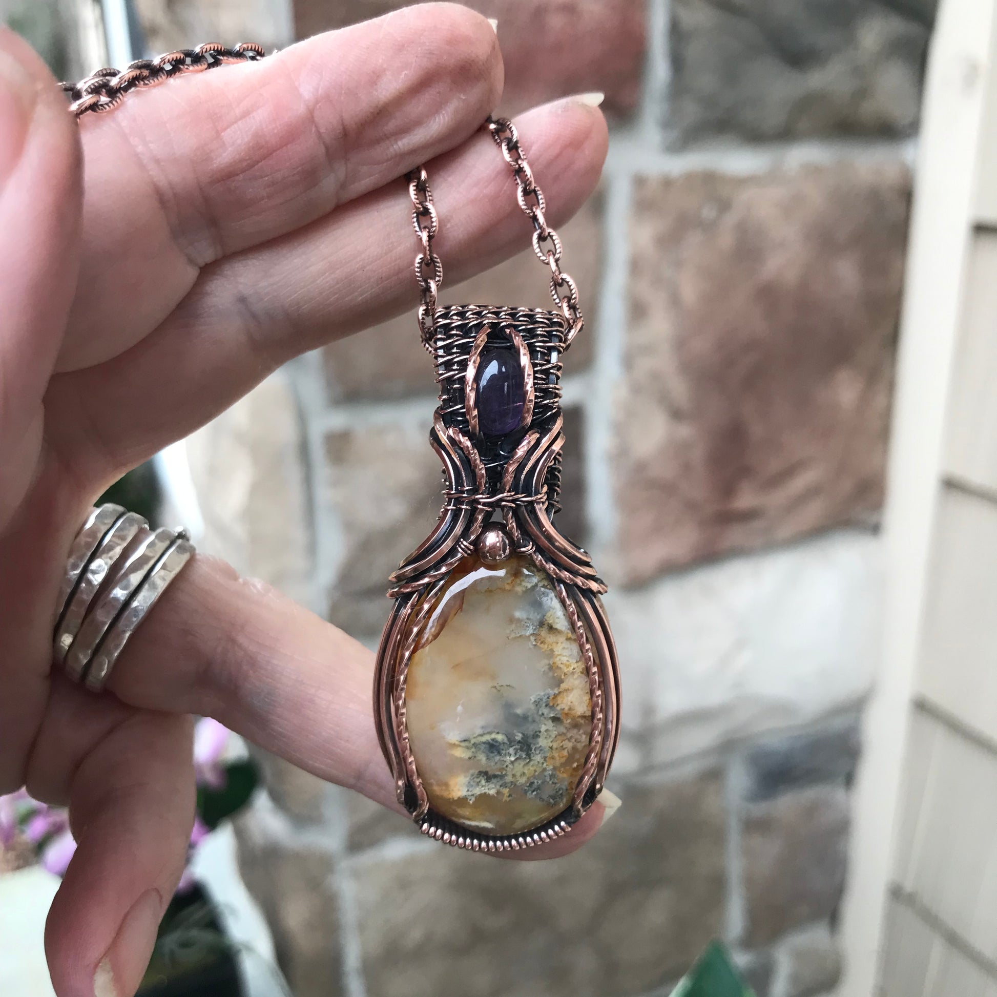 CUSTOM LISTING - Graveyard Point Plume Agate & Amethyst Copper Pendant