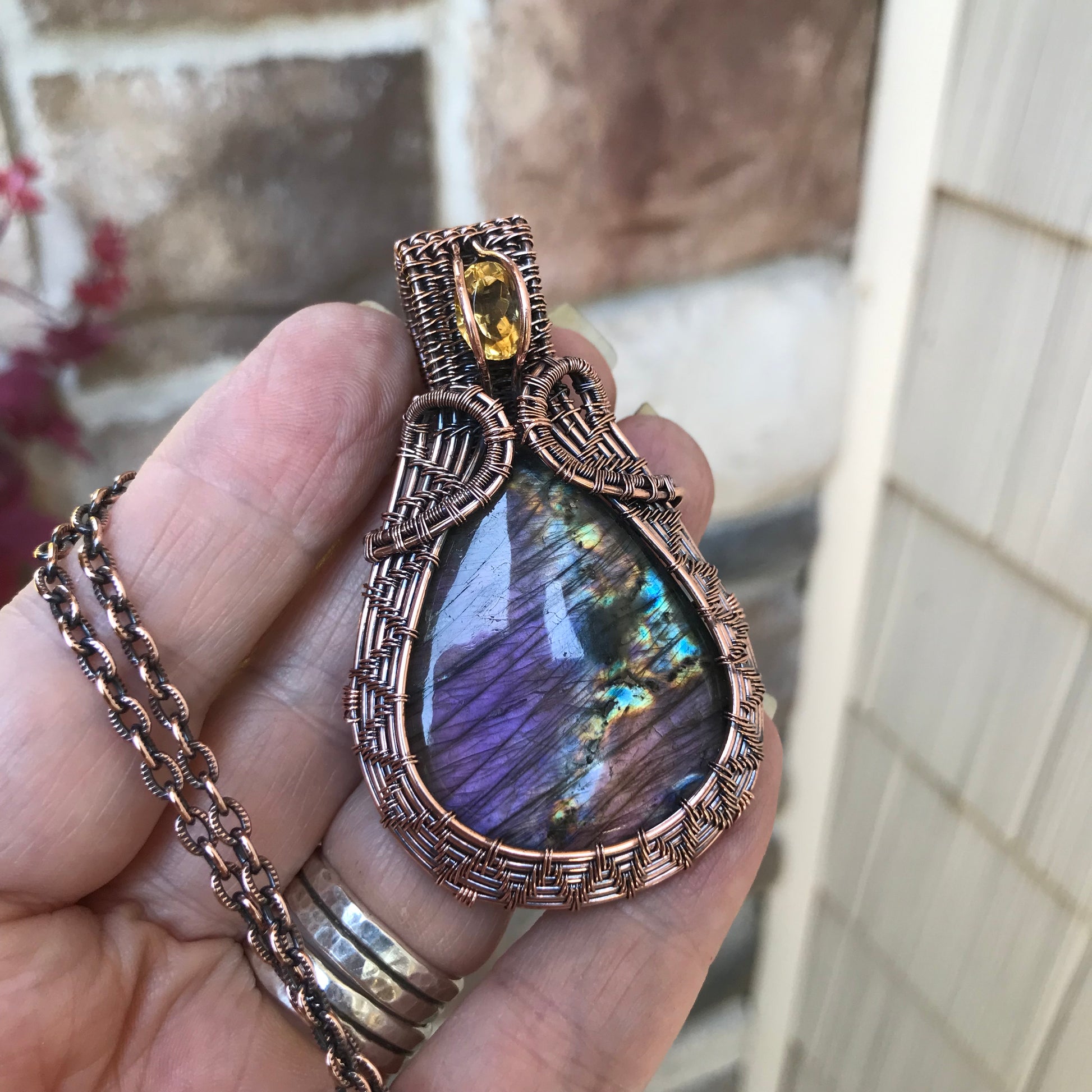 Purple Amber Labradorite & Honey Citrine Copper Woven Pendant
