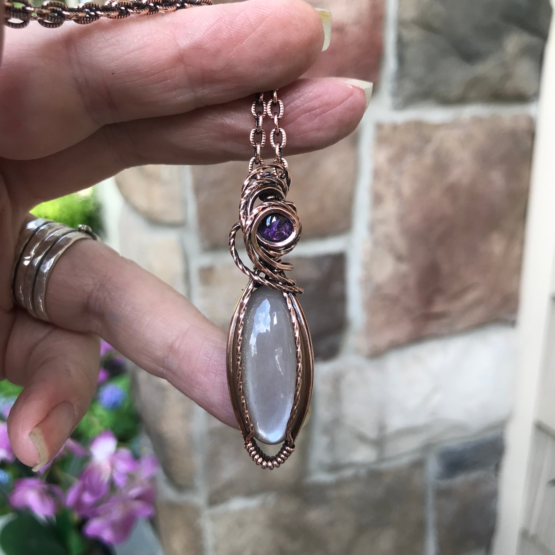 Gray Moonstone & Amethyst Slender Oval Copper Necklace