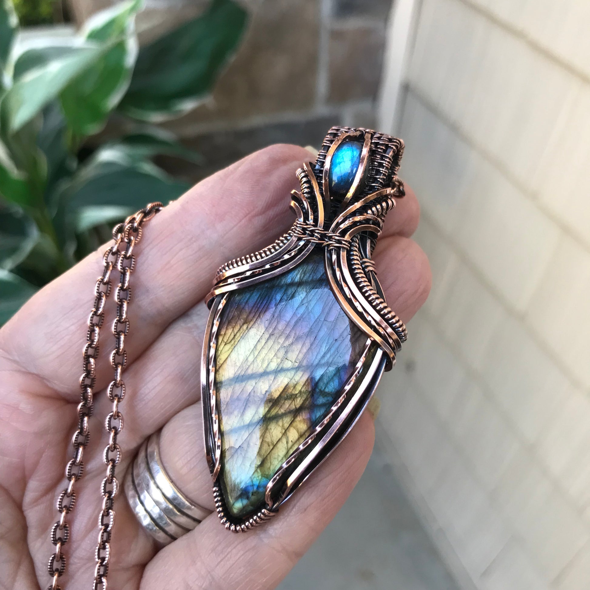 Yellow Rainbow Labradorite Copper Pendant with Weaving