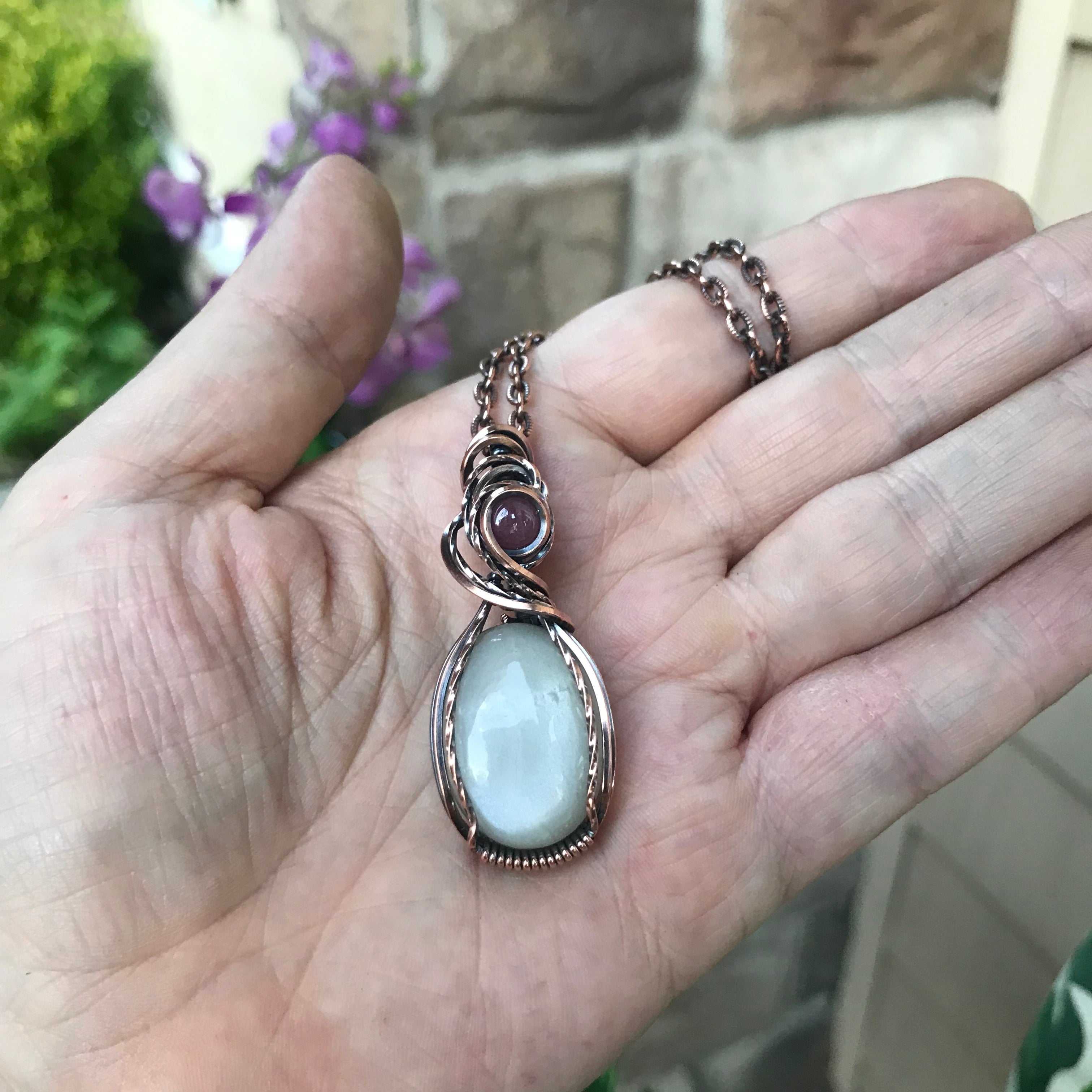 White Moonstone & Ruby Oval Copper Necklace