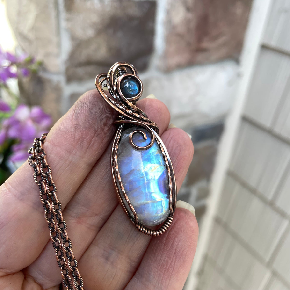 Moonstone & Blue Labradorite Swirly Copper Pendant