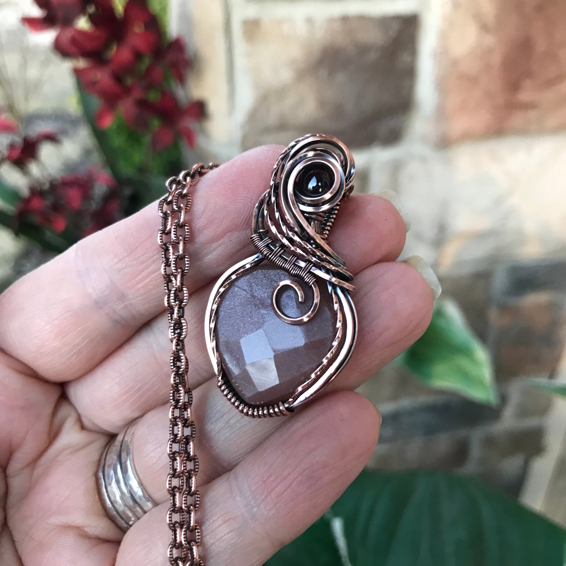 Peach Moonstone & Garnet Copper Necklace