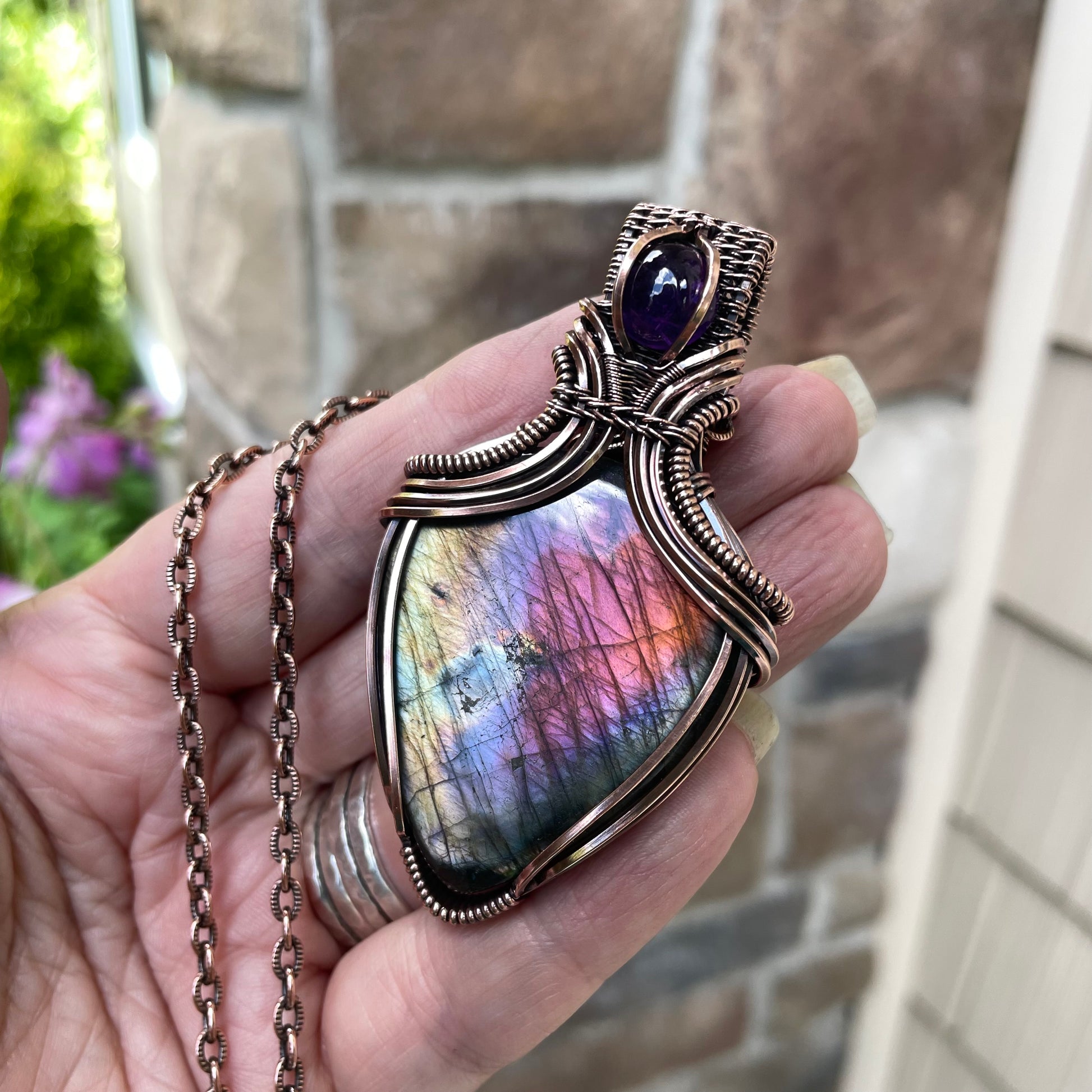 Rainbow Labradorite & Amethyst Copper Pendant