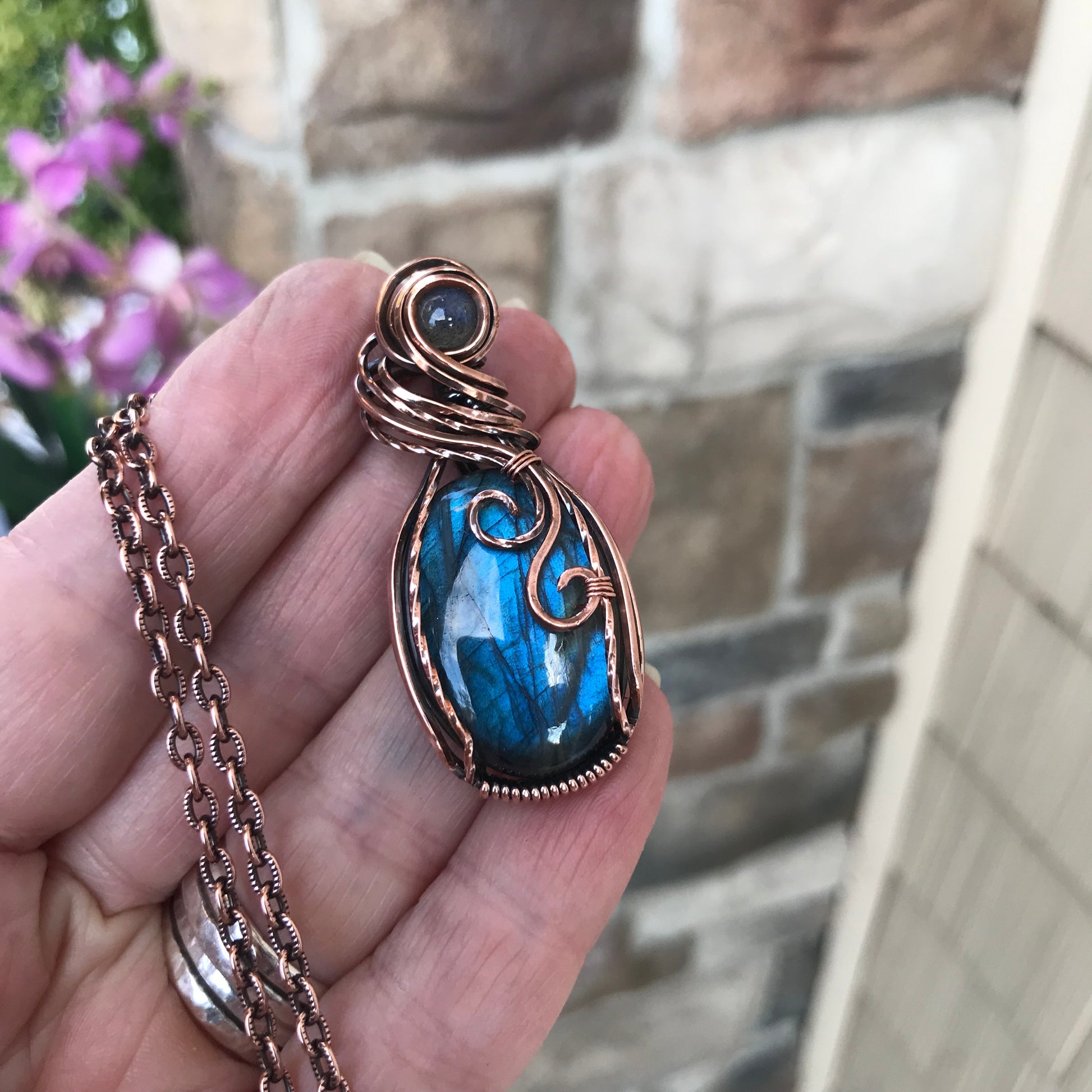Blue Labradorite Swirly Copper Pendant