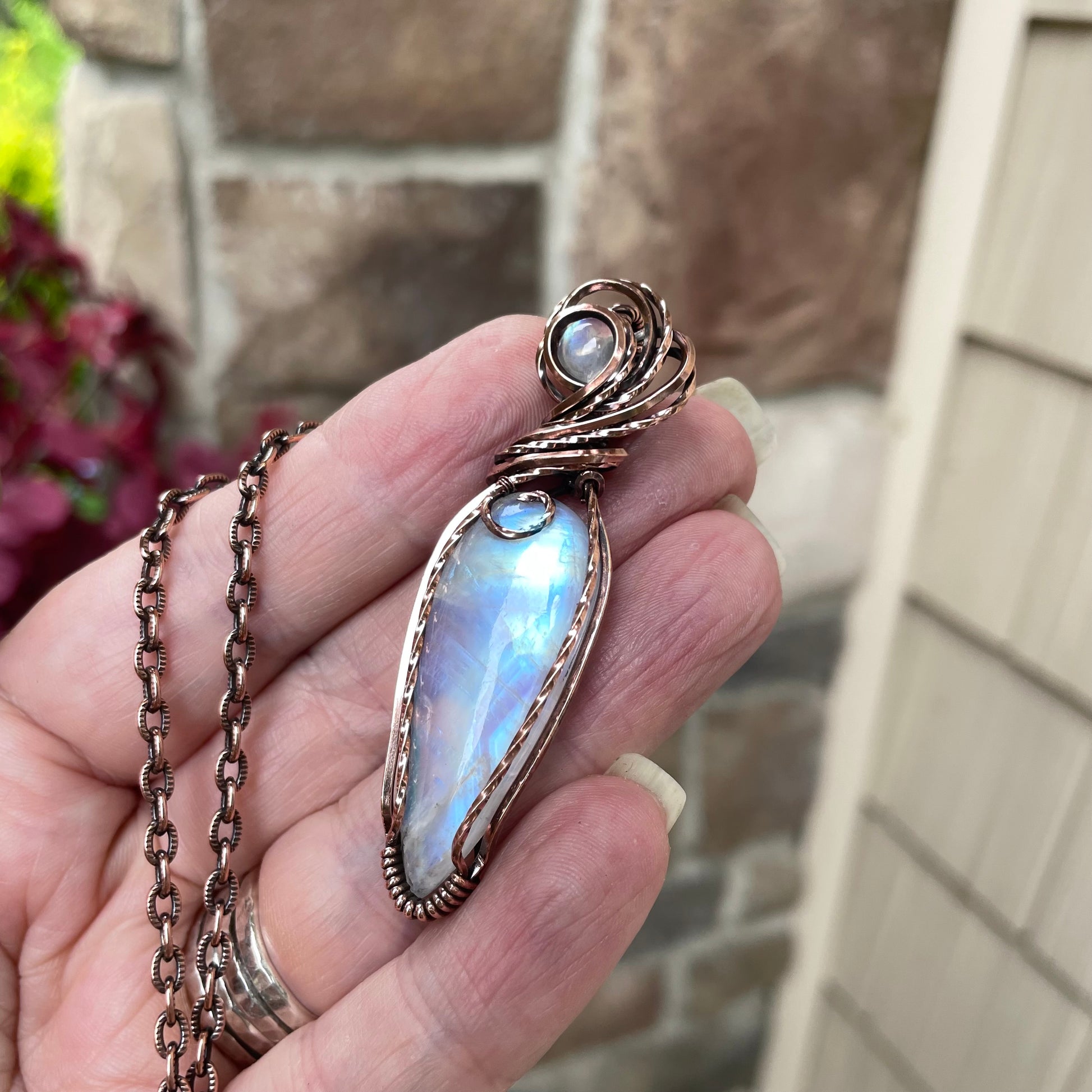 Moonstone Slender Swirly Copper Pendant