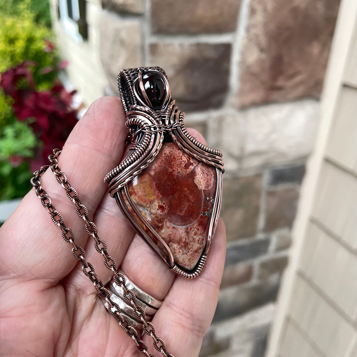 Wild Eye Jasper & Garnet Copper Pendant with Weaving