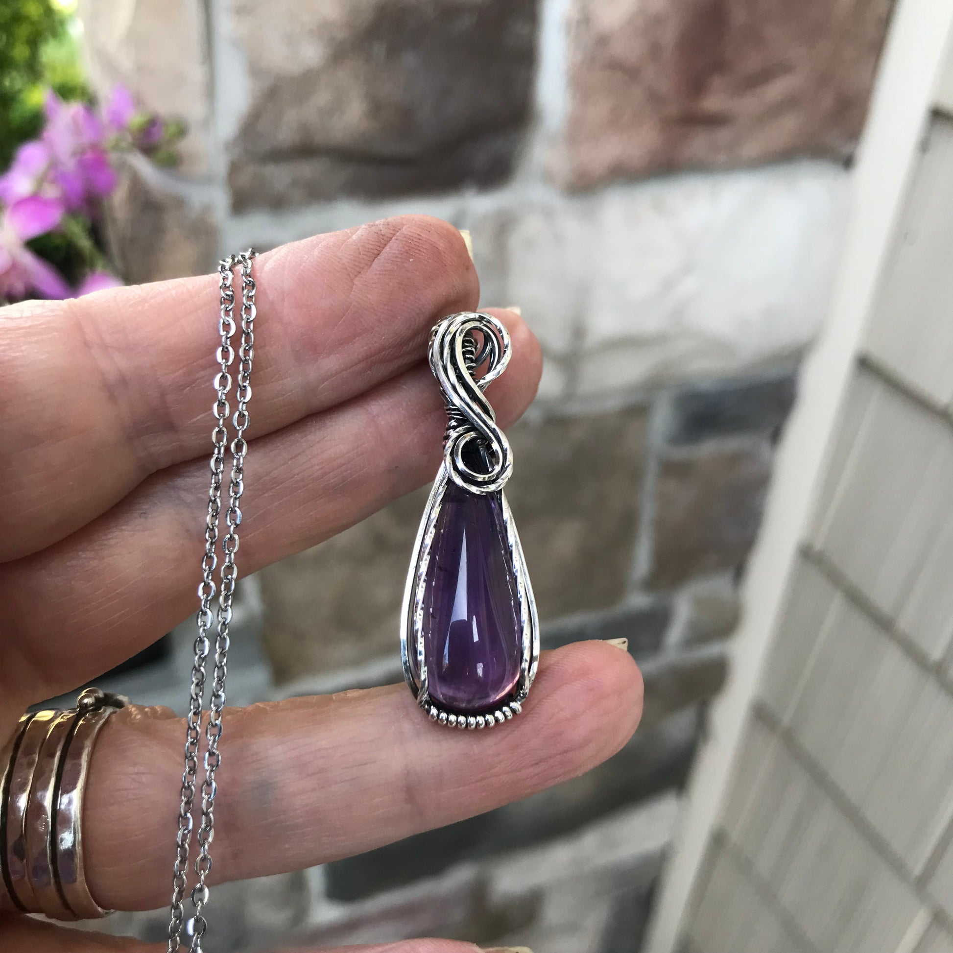Amethyst Slender Teardrop Silver Necklace