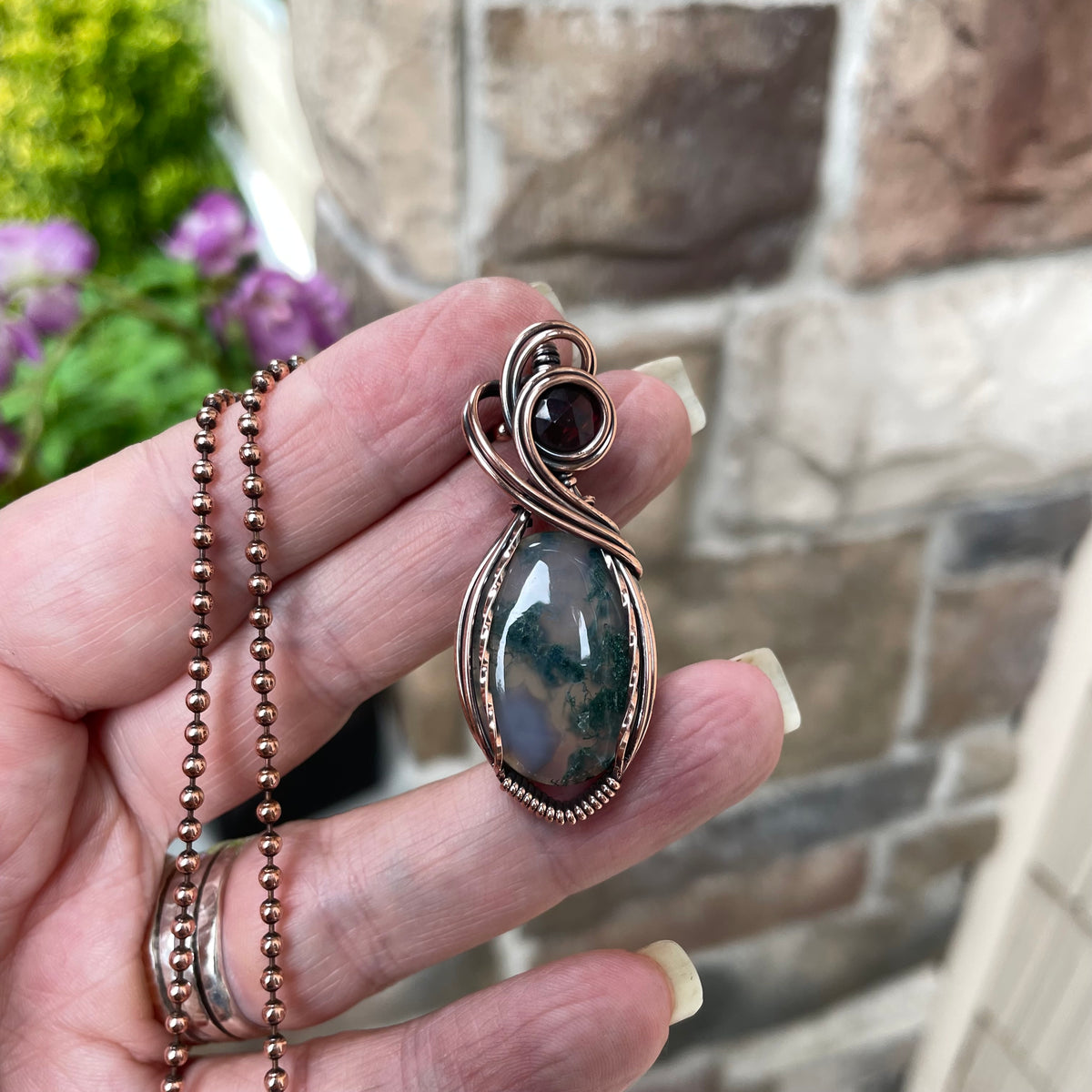 Moss Agate & Garnet Copper Necklace