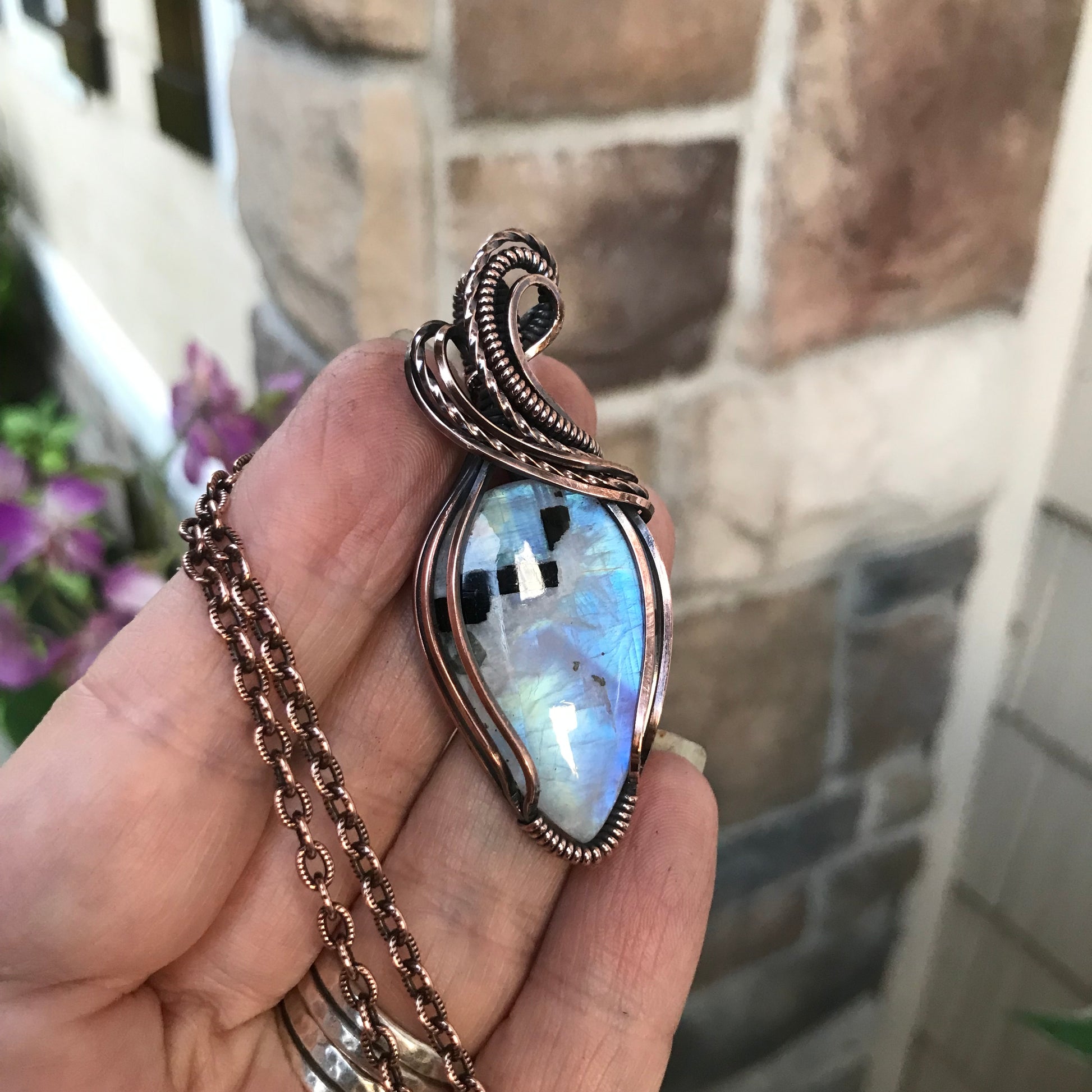 Rainbow Moonstone with Black Tourmaline Copper Pendant