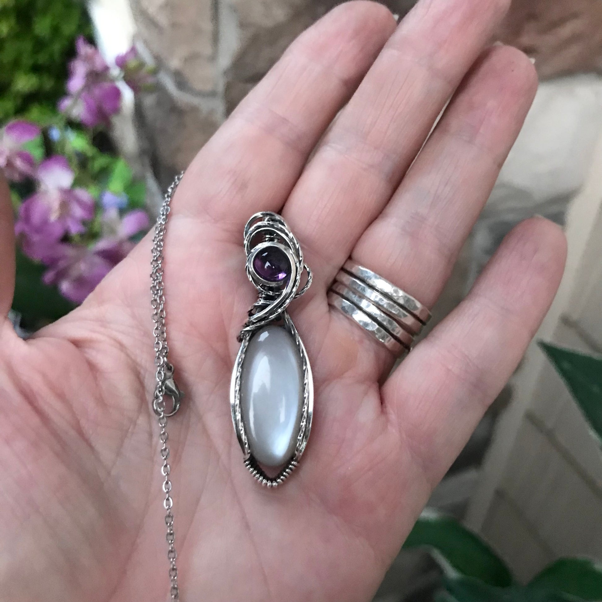 Light Gray Moonstone & Amethyst Sterling Silver Pendant