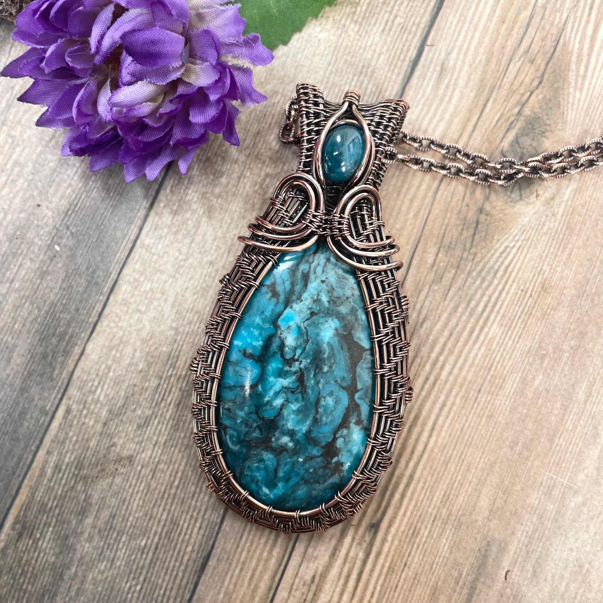 Turquoise with Apatite Woven Copper Pendant