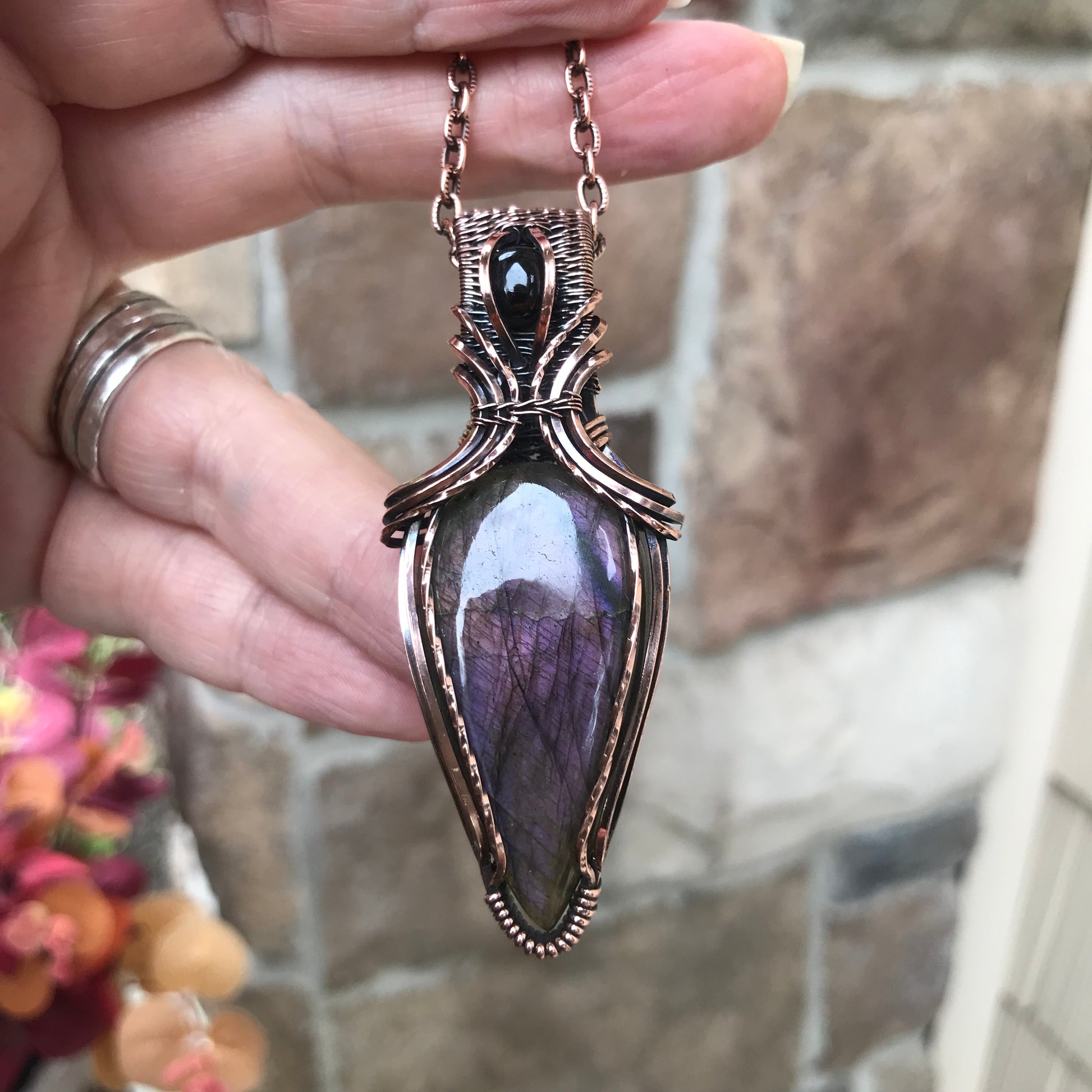 Purple Labradorite & Garnet Copper Pendant with Weaving