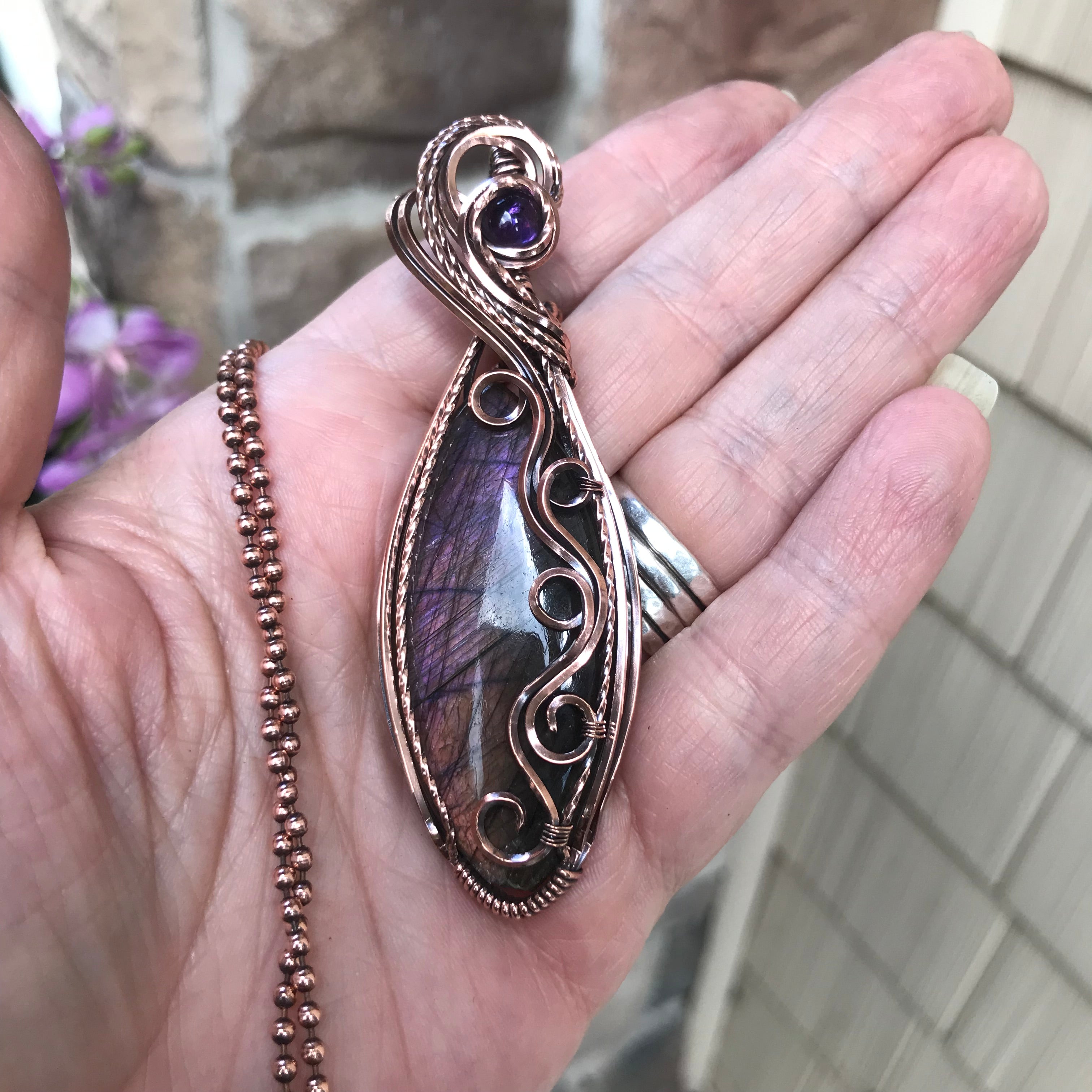 Purple Labradorite & Amethyst Swirly Copper Pendant