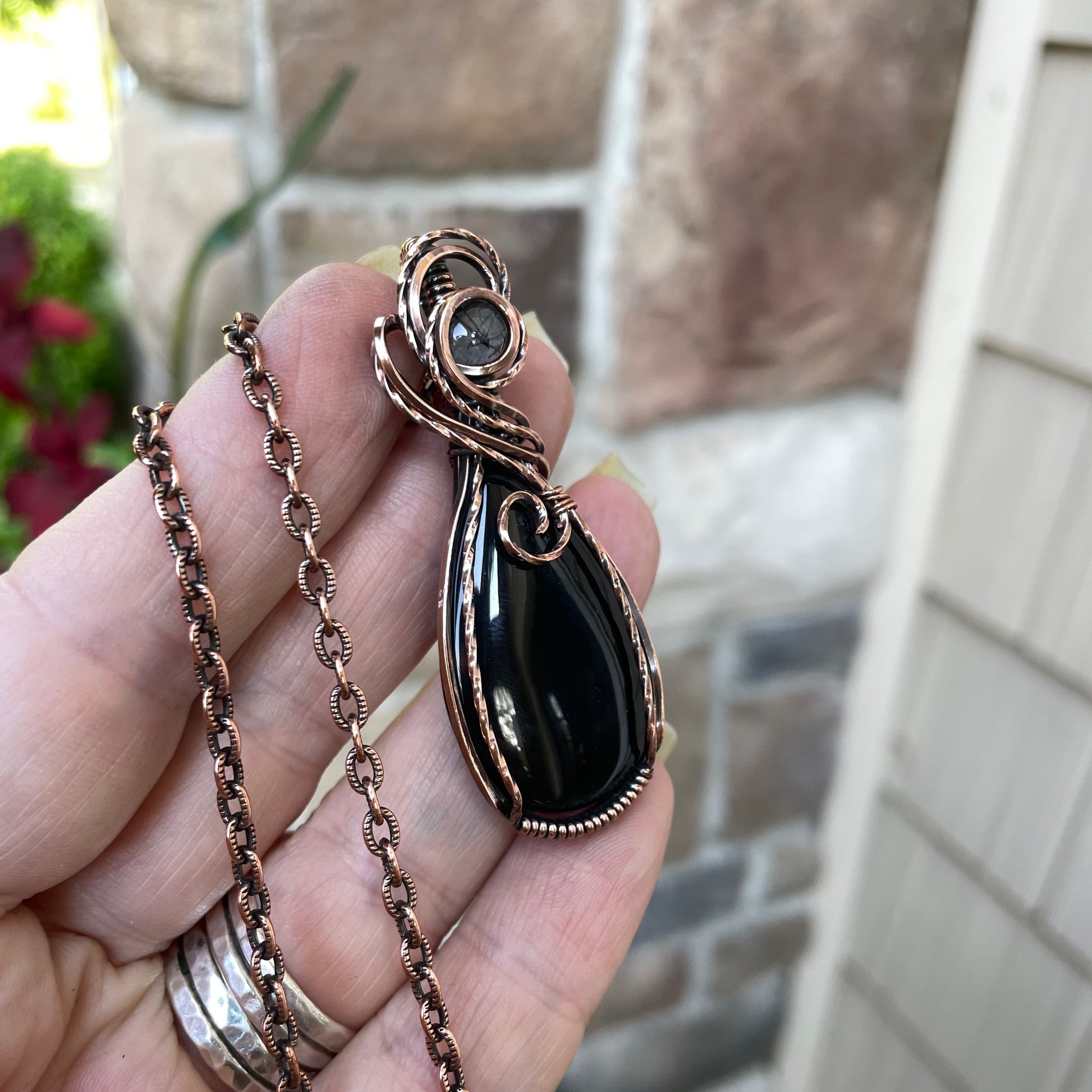 Black Onyx with Black Rutile Quartz Copper Necklace