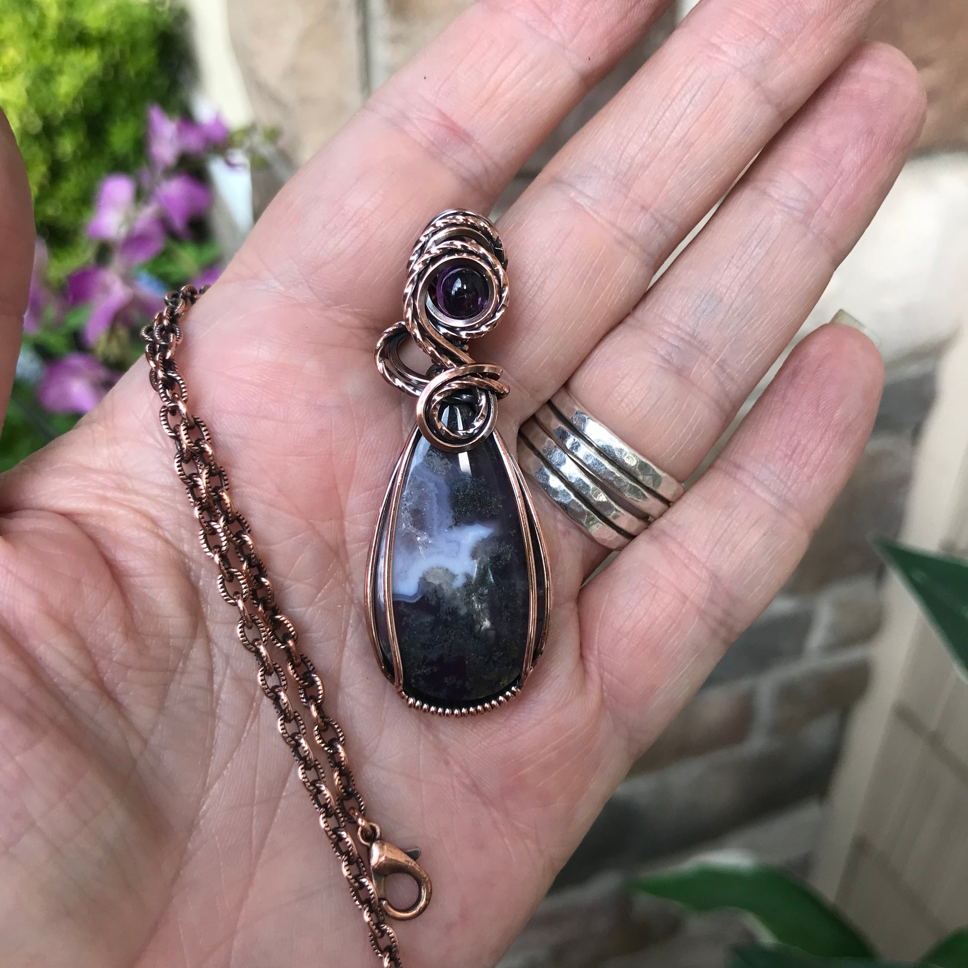 Purple Chalcedony Moss Agate and Amethyst Copper Pendant