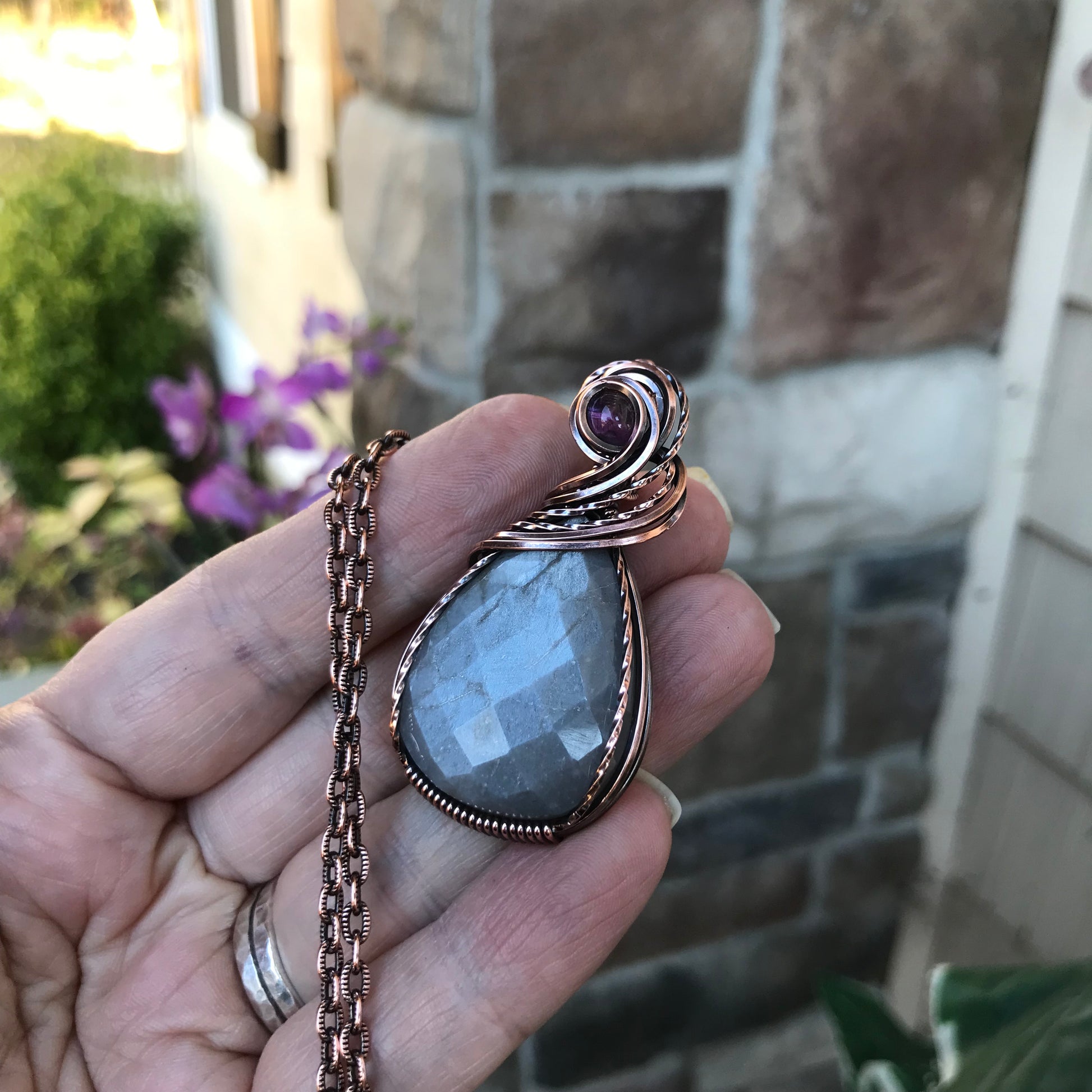 Gray Faceted Moonstone & Amethyst Copper Pendant