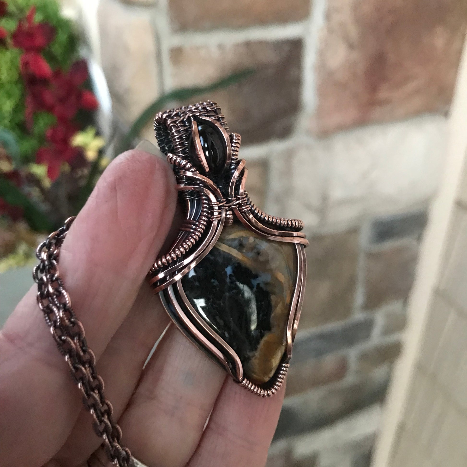 Petrified Palm Root Agate & Garnet Copper Necklace