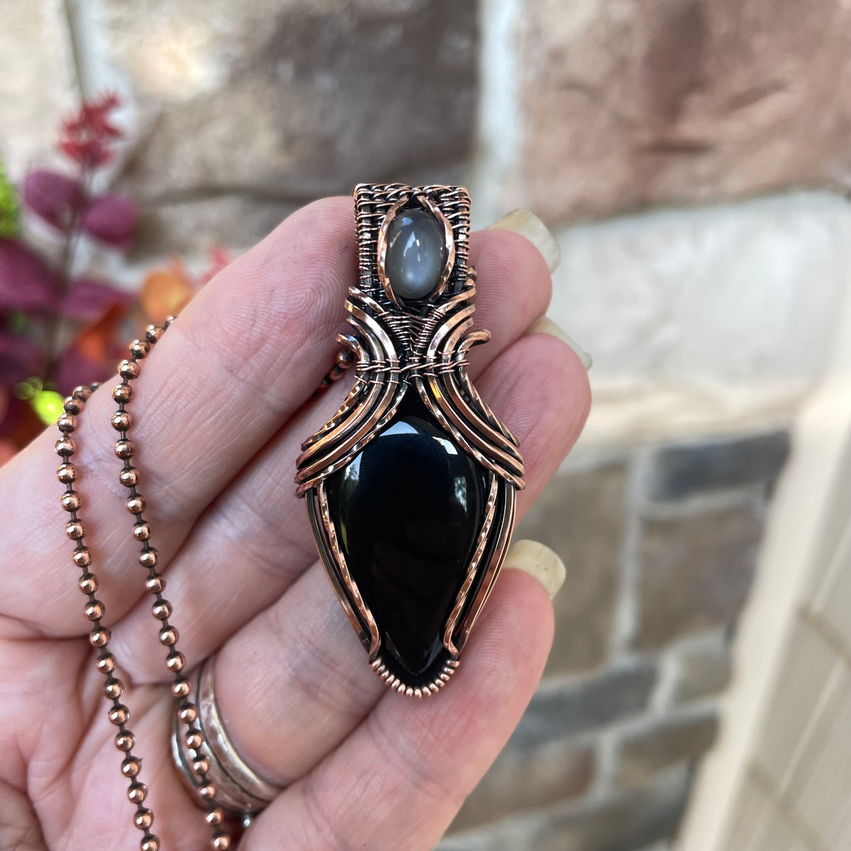 Black Onyx & Gray Moonstone Copper Pendant