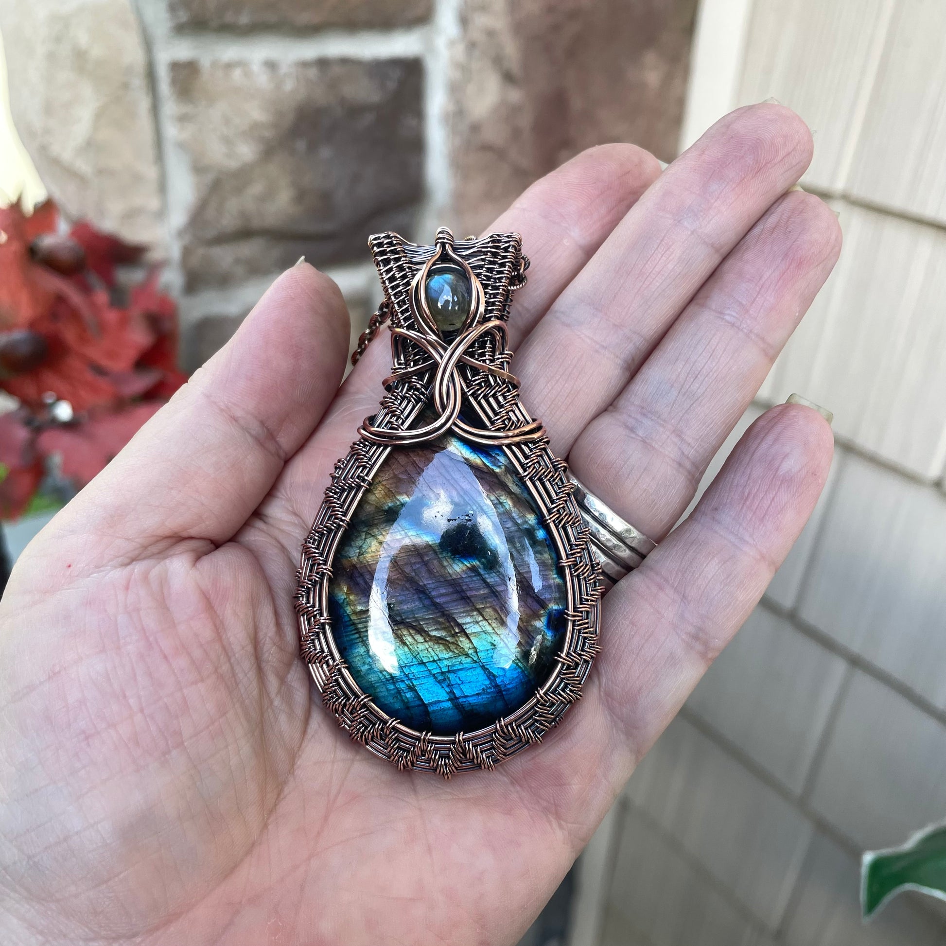 Rainbow Labradorite & Blue Labradorite Accent Woven Copper Pendant