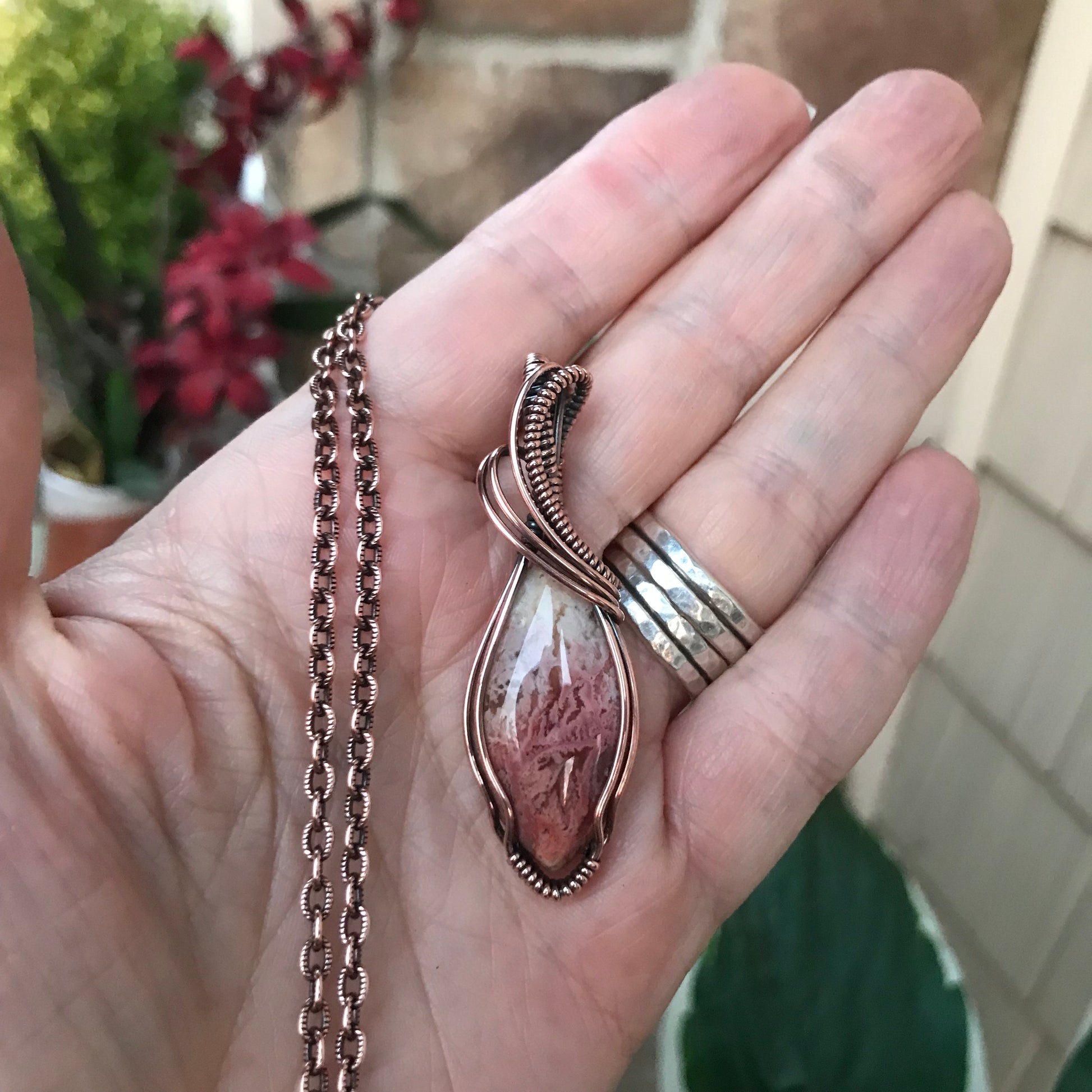 Feather Ridge Plume Agate Marquis Copper Pendant