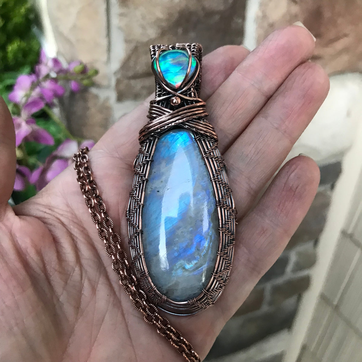 RESERVED - Rainbow Moonstone & Aurora Opal Copper Woven Pendant