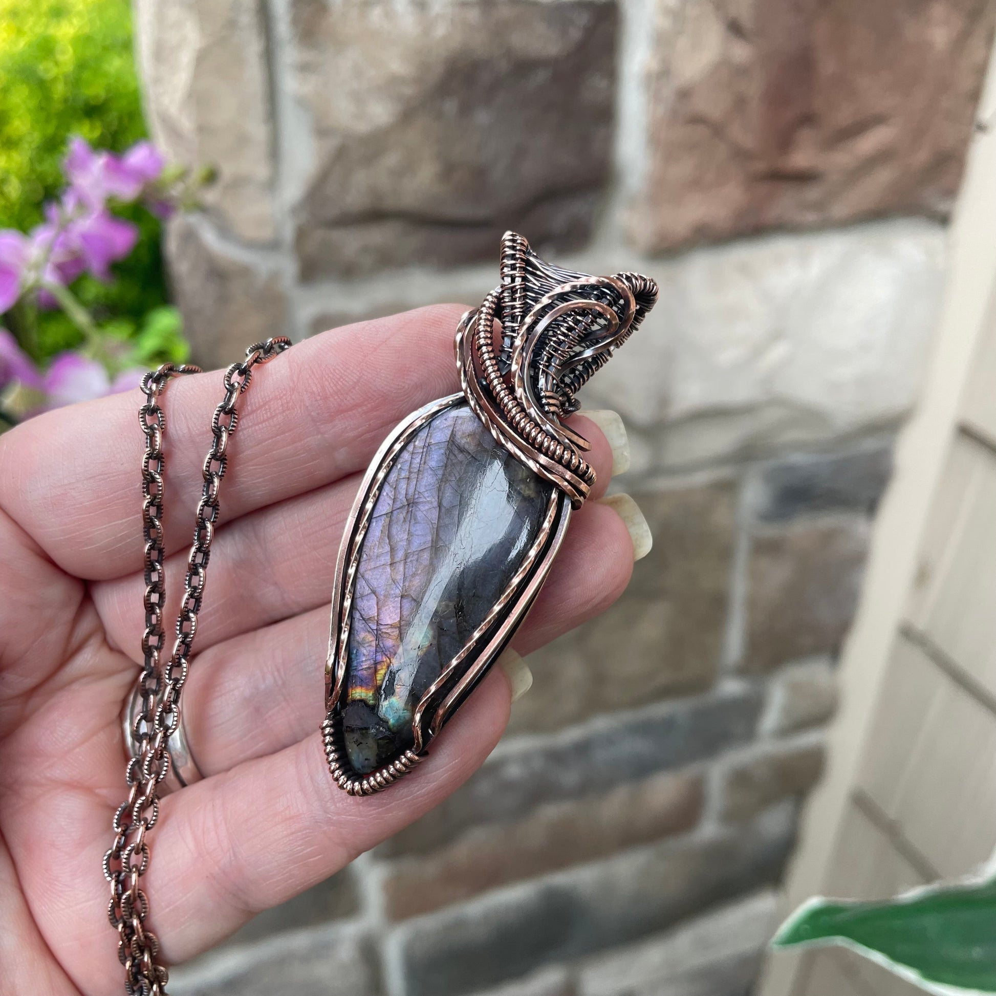 Purple Shimmer Labradorite Copper Necklace with Woven Bail