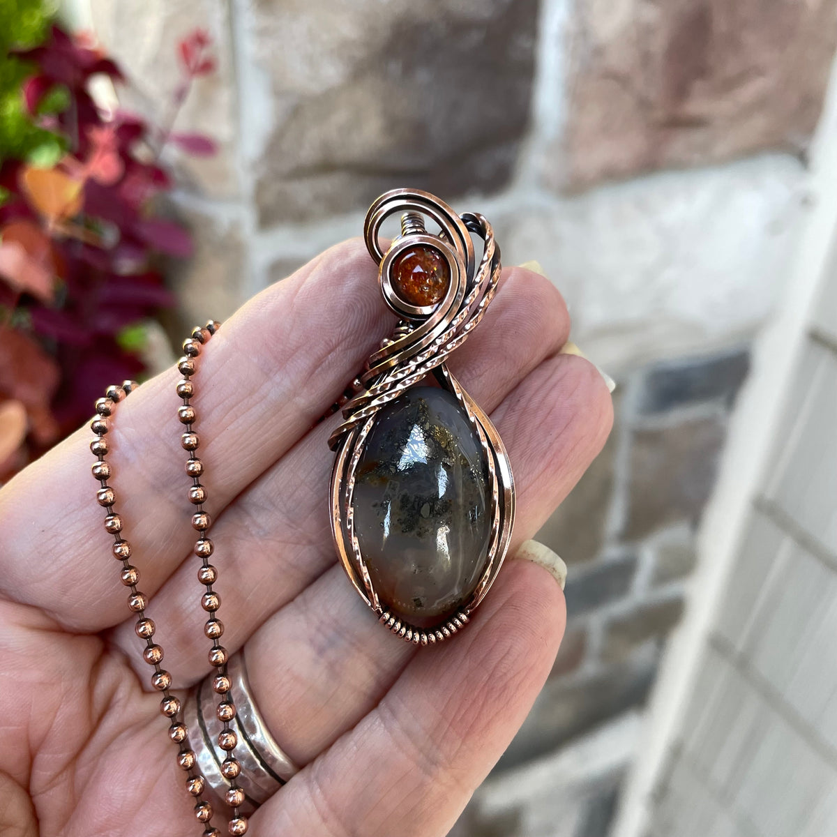 Graveyard Point Plume Agate & Sunstone Copper Necklace