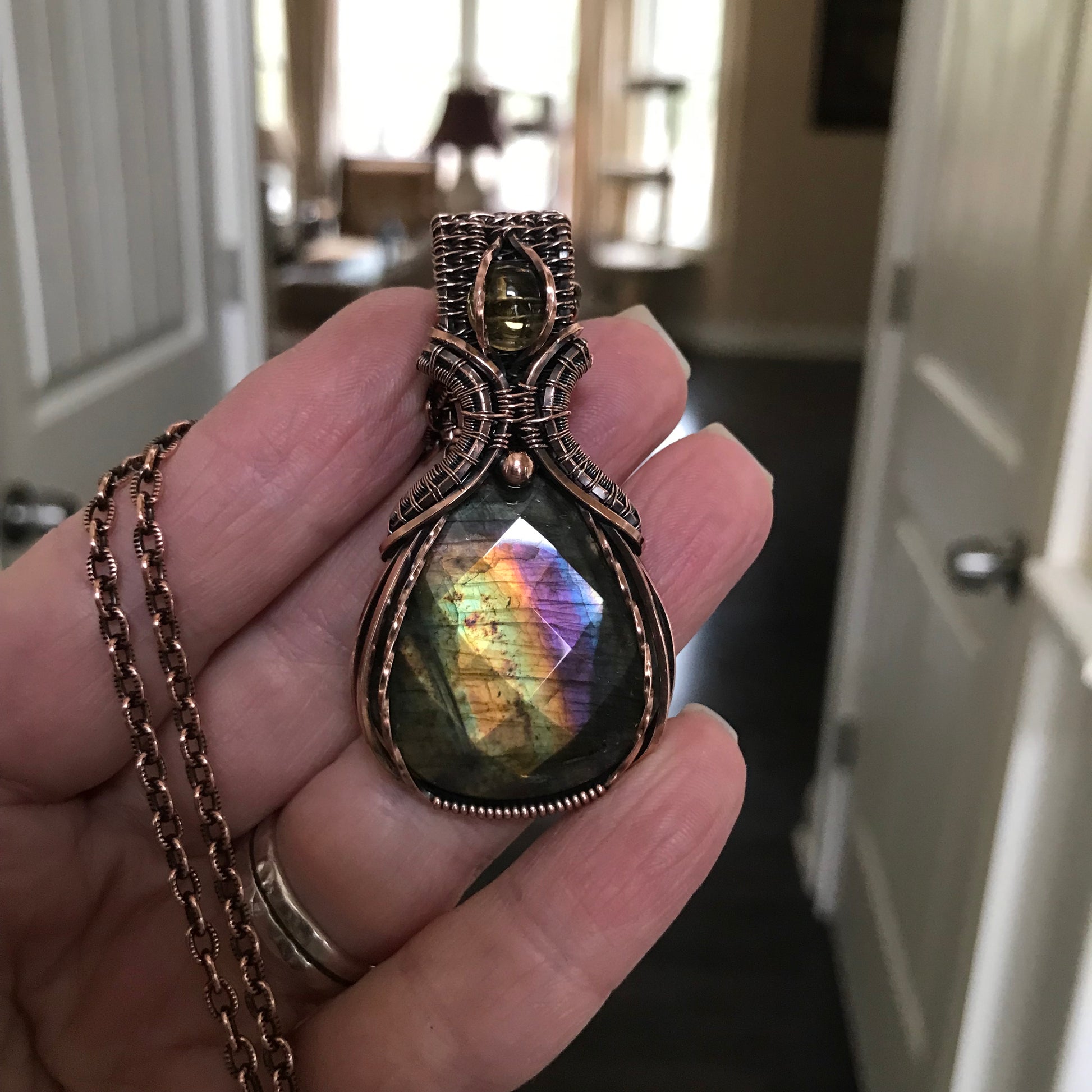 Yellow Purple Faceted Labradorite & Citrine Copper Pendant