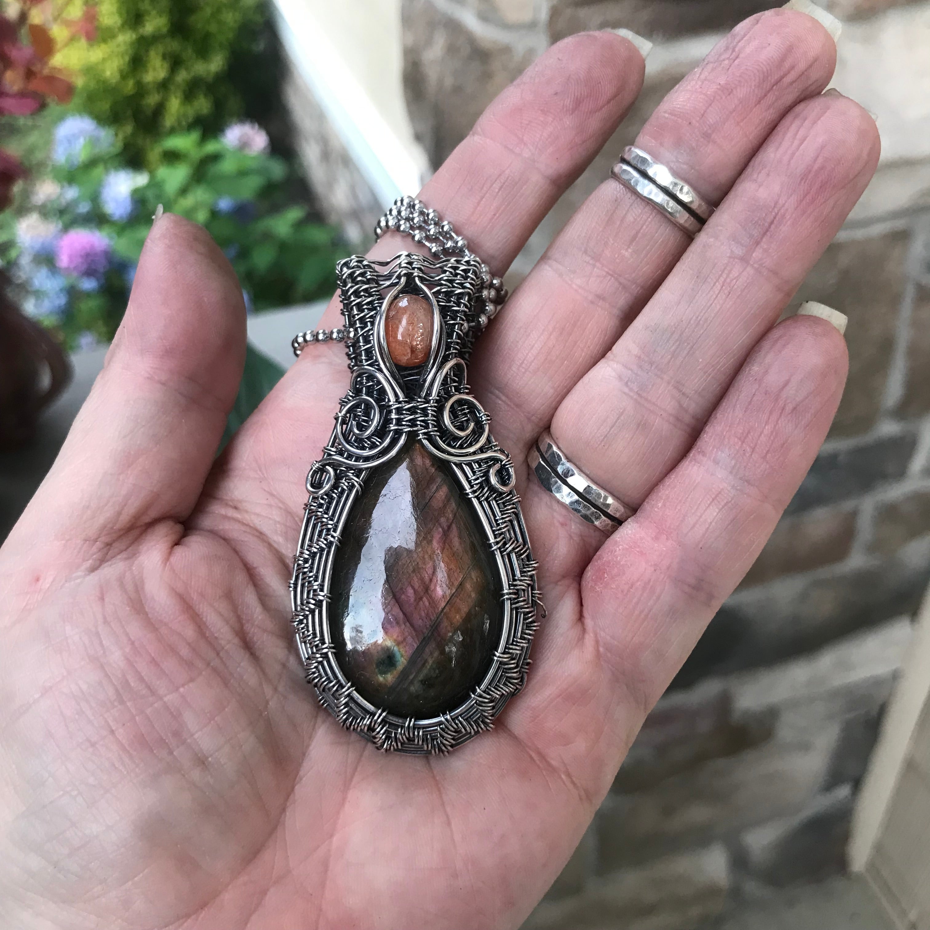 Amber Labradorite & Sunstone Silver Pendant