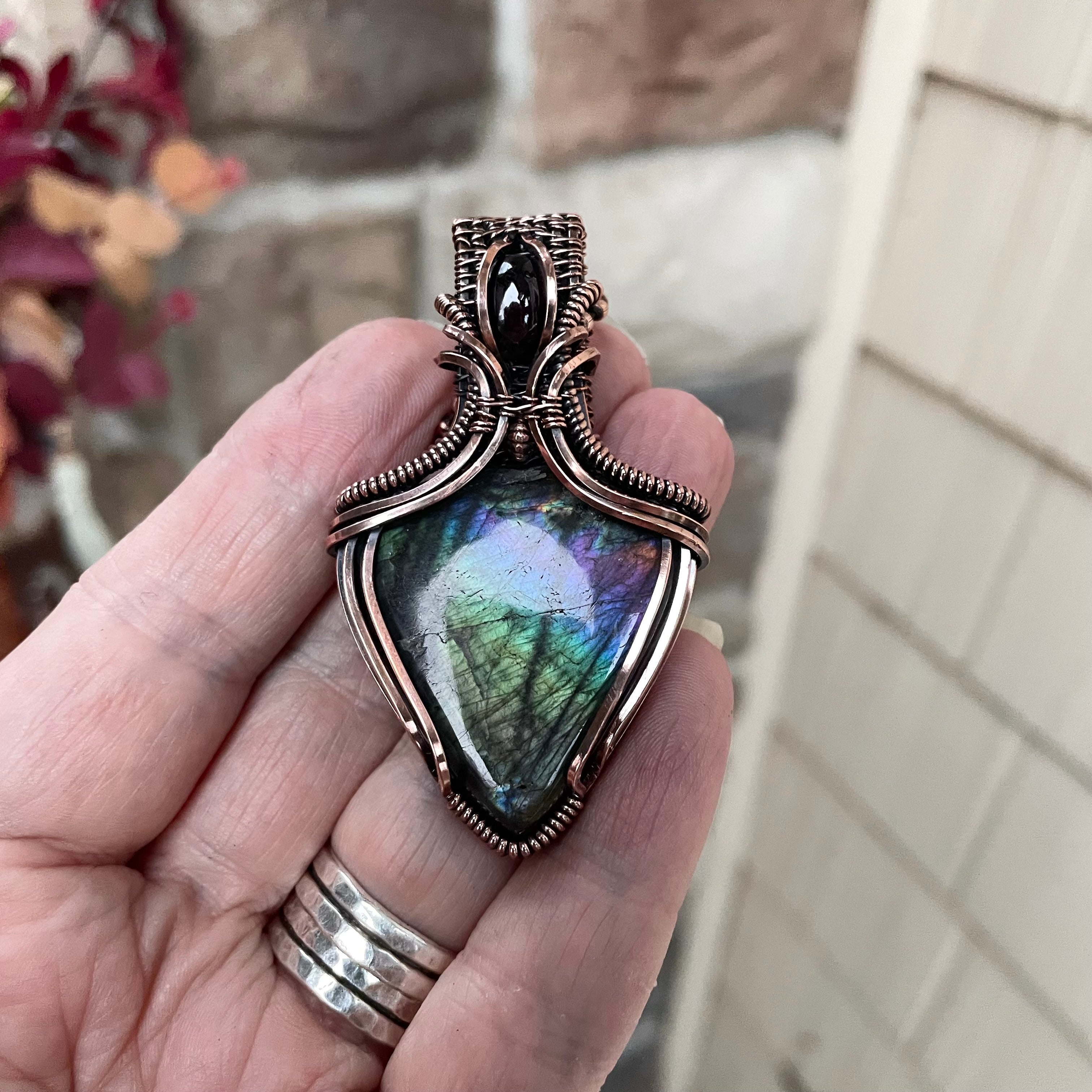 Discounted - Teal Purple Labradorite & Garnet Copper Necklace with Weaving