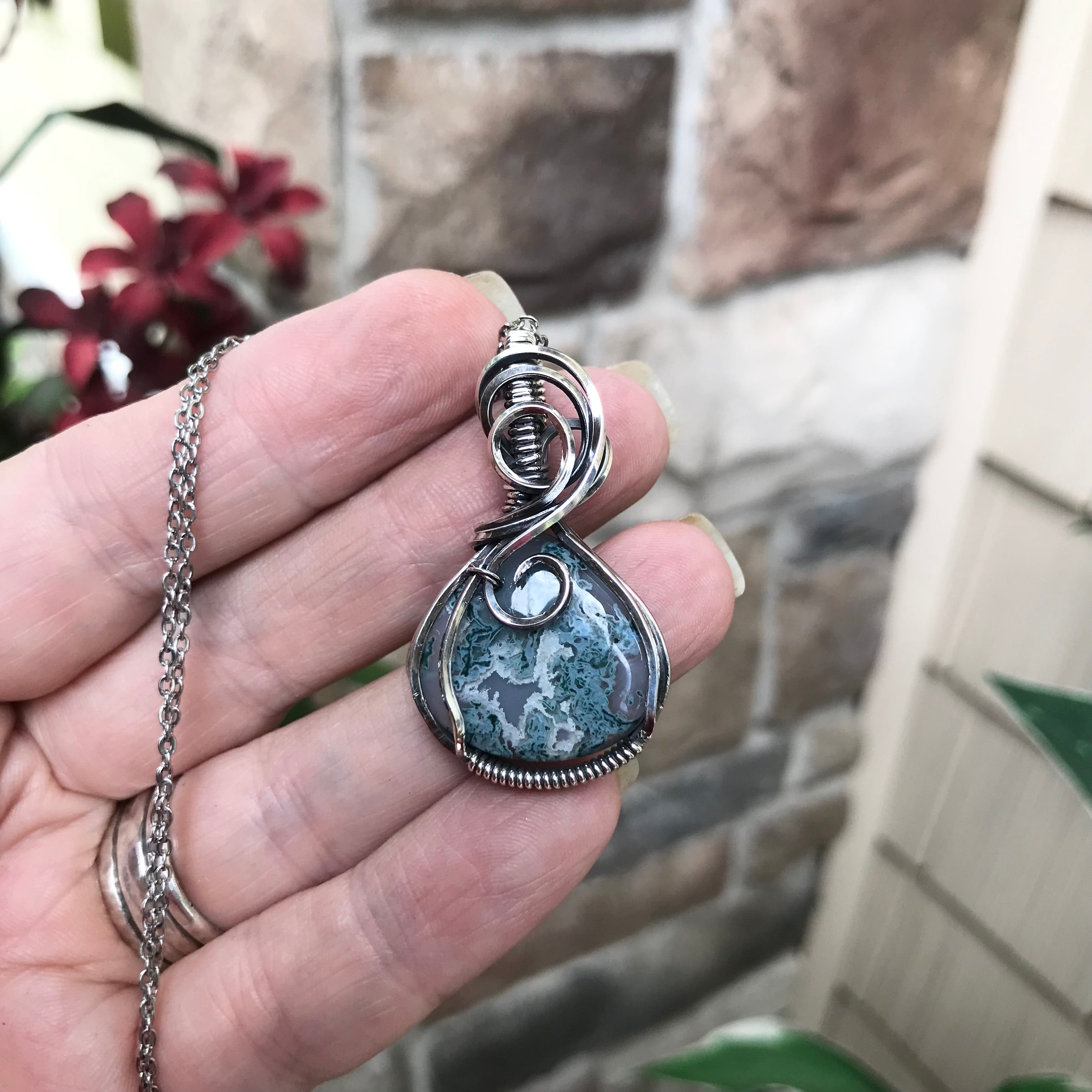 Teal Moss Agate  Sterling Silver Necklace