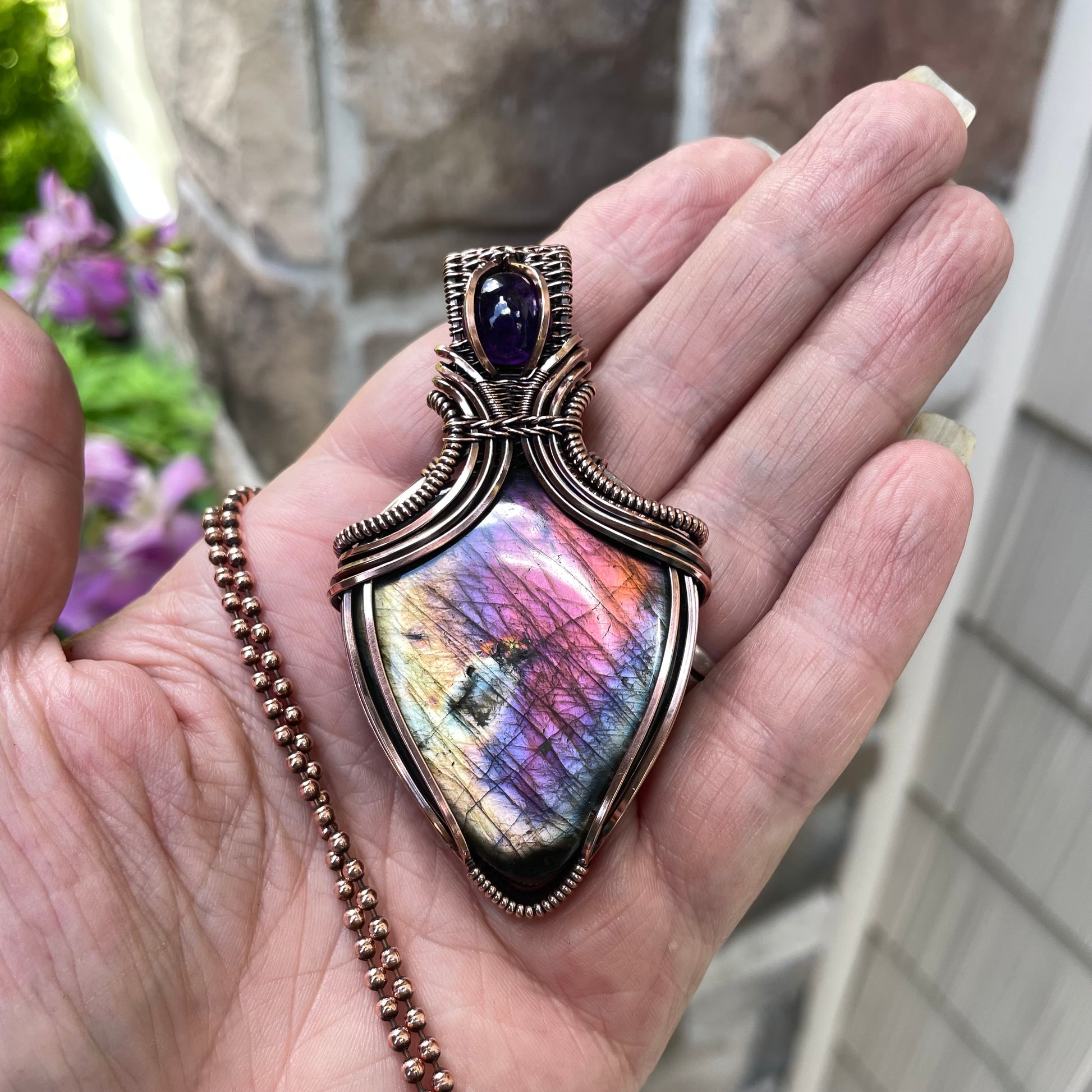 Rainbow Labradorite & Amethyst Copper Pendant