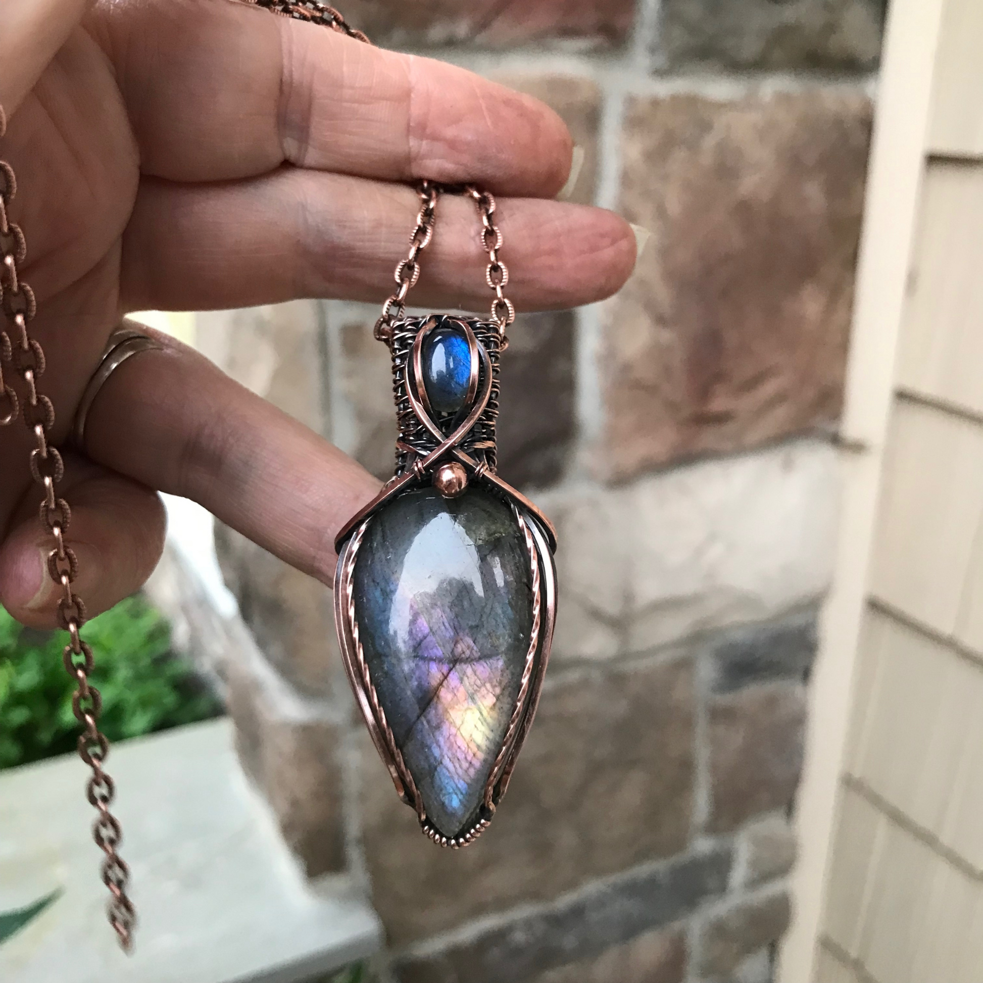 Rainbow Blue Labradorite Copper Pendant with Woven Bail