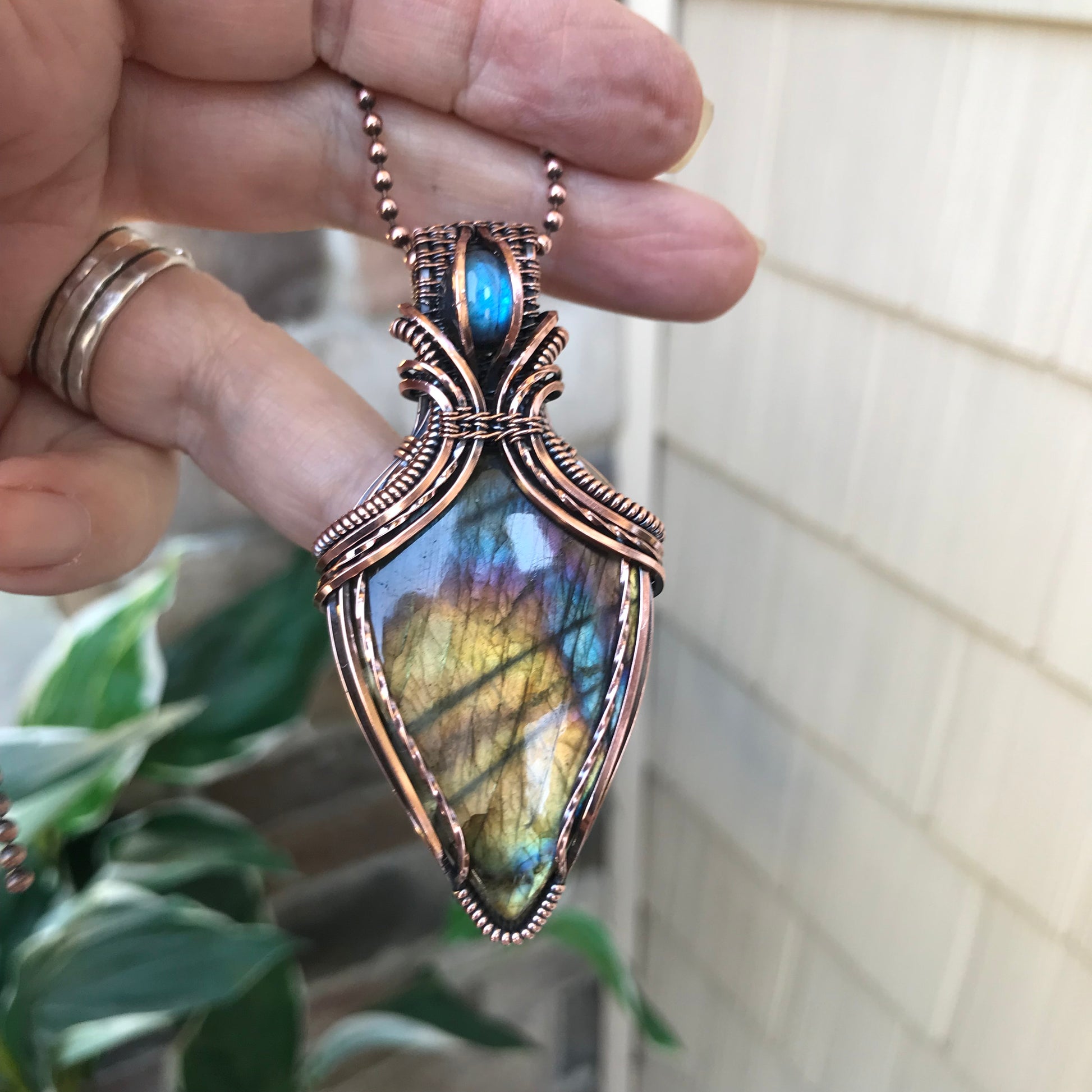 Yellow Rainbow Labradorite Copper Pendant with Weaving
