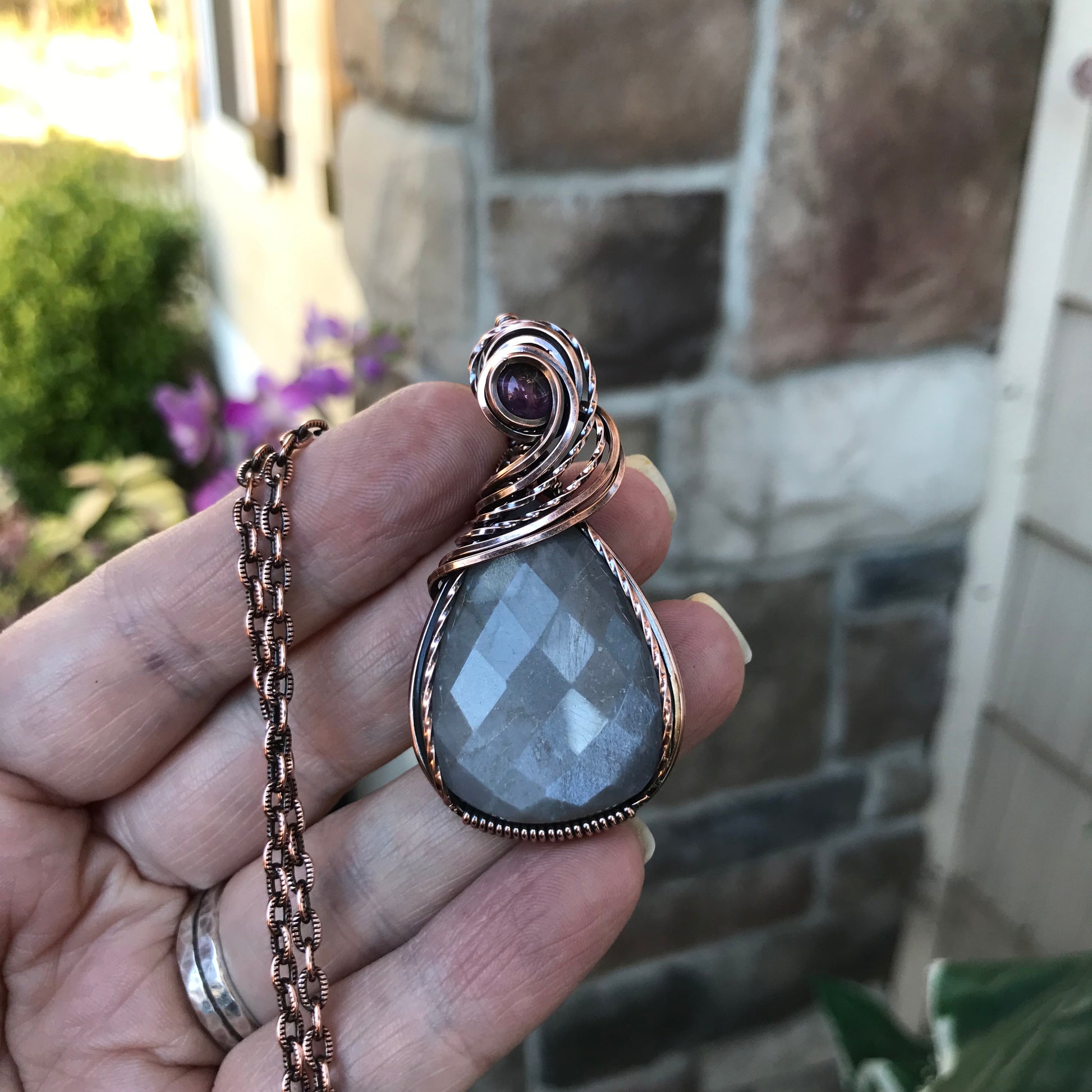 Gray Faceted Moonstone & Amethyst Copper Pendant