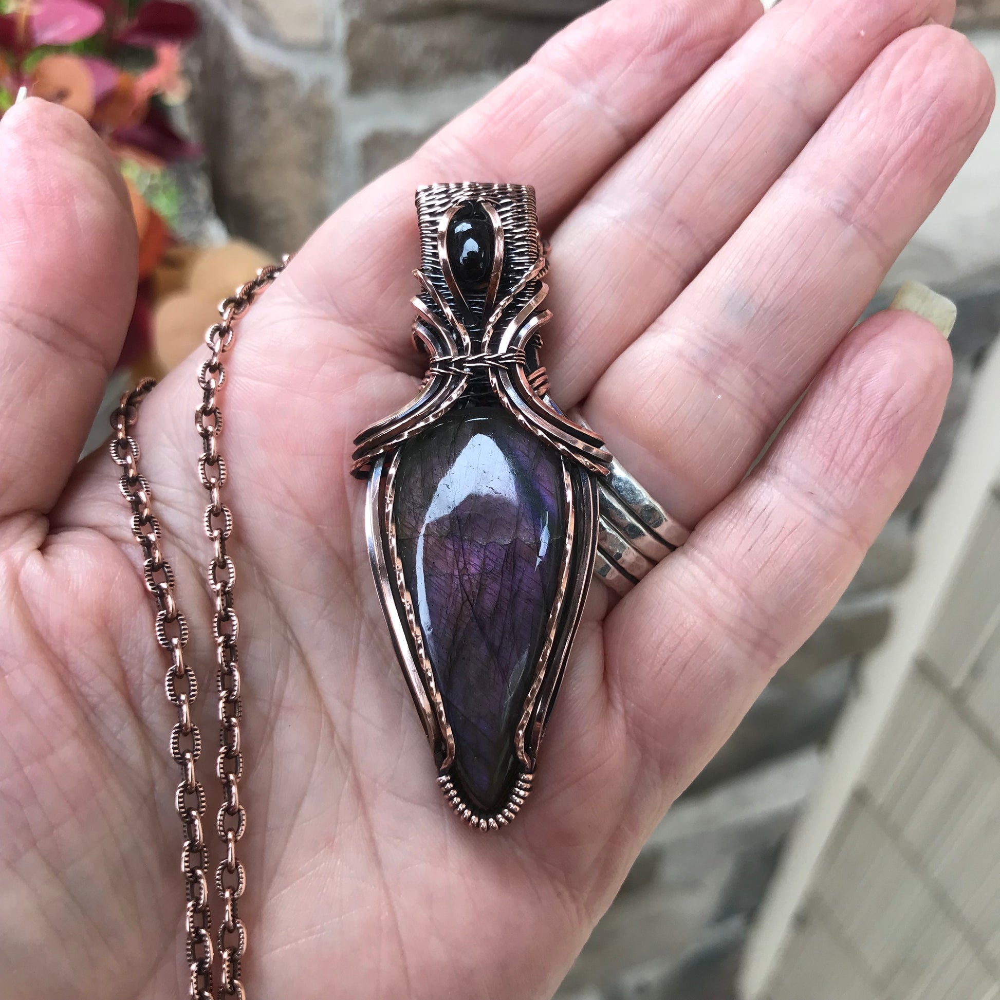 Purple Labradorite & Garnet Copper Pendant with Weaving